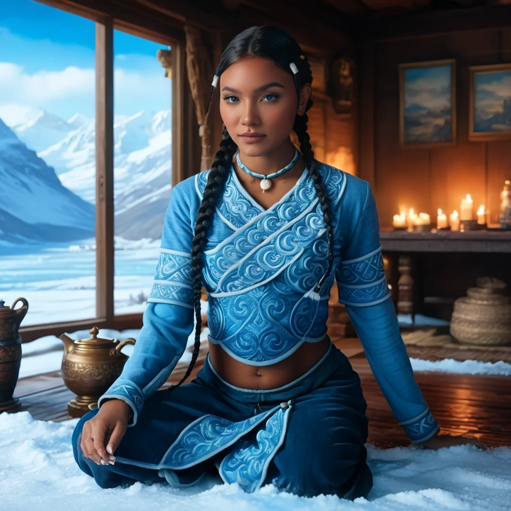 1 woman, ( Katara from Avatar : the last airbender), (( vibrant blue eyes: 1.4)), tools, refined details,  anime style , ((scene at home , Light point, Interior of a room at the North Pole,  landscape of snow and mountains , Cold weather, flowing water , woman standing)), (( Artgerm-style illustrations )), (( accentuated realism : 1.4)), (( perfect lighting ,  soft lighting ,  details highlighted on the necklace )), (detailed necklace ), ( Realistic Details), ( realistic photograph ), ( perfect body structure ), ((Brown skin)), (dark skin:1.6), (( highly detailed hair )), (( braids on the front )), (( long braid on the back )), ( s ), ( face details : 1.2), ( seductive expression), ( Round and Firm Breasts ), ( upturned butt and outlined ), ((thick and healthy thighs :1.4)), ((big hip)), (( subtle neckline )), (( sitting around a table drinking tea )), ( detailed background : 1.2), ( illustration: 1.4), ( masterpiece : 1.4), ( improved quality : 1.4), ( high definition), (( perfect fingers and hands ,  impeccable legs and feet )), ( perfect symmetry in the body and face ), ( incredible lighting ), ( rendering in 3 views ), (( traditional water tribe costume with fur details and ornaments)), (( more details to enhance )), (( lens opening f /2.0)), (( medium depth of field )), ((Angle of 3/4)), (( wide-angle lens 24mm )), (close-up: 1.2)), ( modern and sophisticated design with light spots , UHD), |  front view