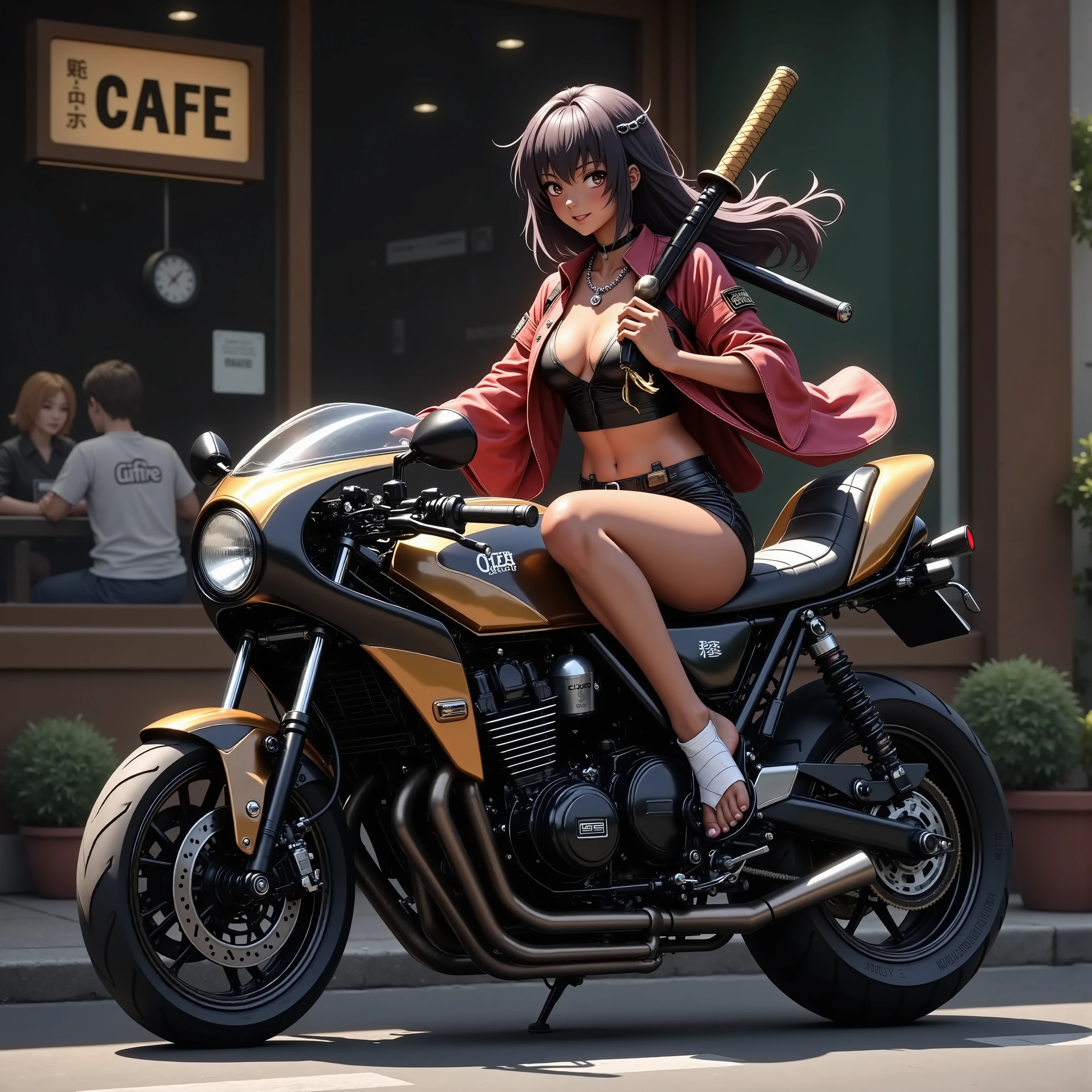 A Girl on a Cafe Racer Tuned Motorcycle + Japanese Kimono 　+Carrying a 日本刀 on your shoulder、Bandage on stomach、straw sandals、 abs、 glossy brown skin 、