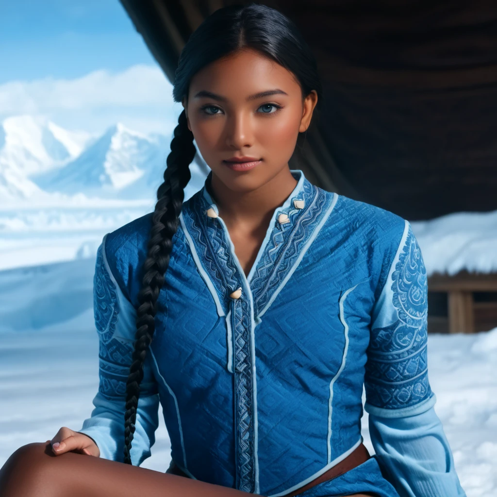 1mulher, (Katara from Avatar The Last Airbender), tools, detail, details, anime, ((home, dot, room, At the North Pole, neve, snow mountains, whether, water, standing)), ((Illustrations, Artgerm)), (Really, sense of reality:1.4), (perfect lighting , lententos, artgerm highlighted colar), ((blue eyes:1.4)), (dark skin:1.6), (colar), (realistic details), (realistic photo), (perfect body structure). She has large, almond-shaped eyes reflecting Asian influences, with a vibrant blue color, ((each highly detailed hair)), ((Braids in the front)), ((Long lower braid)), ( perfect face ), (oval face), (highly detailed face), ((seductive expression)), (Peach breasts), (heart butt), ((thick thighs:1.2)), ((big ass)), ((cleavage)), ((She's sitting around having some tea)), (detailed background:1.2), (illustration:1.4), (masterpiece:1.4), (master piece, Better quality:1.4), (High definition), (( perfect fingers, better hands, perfect hands, perfect legs, perfect feet)), (symmetrical body and face), (amazing lighting), (3 Renderings), ((Roupa da tribo da water e Vestido de peles)), ((more details, to improve)), ((Opening: f/2.0)), ((depth of field : Average)), ((Angle of 3/4)), ((Spring: grande-angular de 24mm)), (close-up:1.2)), (modern and sophisticated custom dot design, UHD), | front view