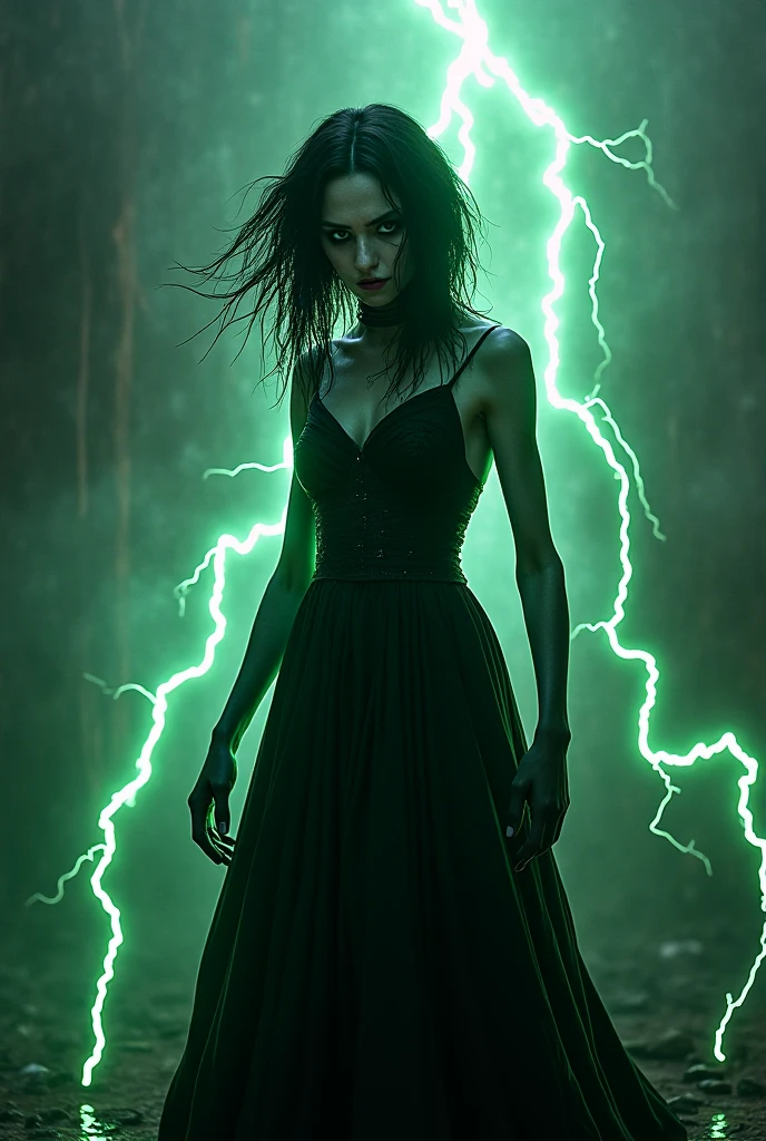 A stunning portrait of a woman with a green aura surrounding her, symbolizing envy. She has long flowing hair and wears a mysterious, enigmatic smile. The background is a dark, stormy night with lightning flashing and sheets of rain cascading down. A faint glimpse of a luxurious mansion can be seen in the distance, hinting at the source of her envy. She stands as a symbol of the destructive power of jealousy and its ability to cloud judgment.