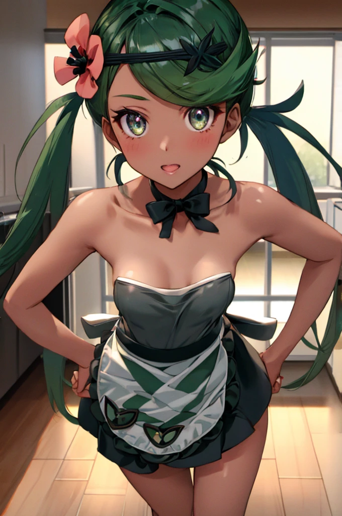 1girl, standing, put hands on hip, facing viewer, BREAK defMallow, dark skin, low twintails, green hair, hair flower, hair ornament, naked apron, (small breasts:0.9), (shy:0.9), BREAK detailed background, kitchen, BREAK (best quality, masterpiece, UHD, ultra detailed), (beautiful face, shiny skin), (detailed eyes), (perfect anatomy), (professional lighting)