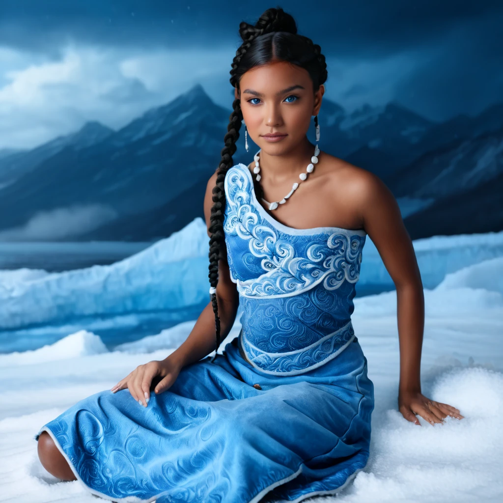 (photorealistic full-body:1.4), (masterpiece:1.3), 1girl, Katara, Water Tribe member, (perfect anatomical details:1.3), sitting pose, tea ceremony, North Pole setting, (dark skin:1.6), (realistic skin texture:1.2), dark complexion, traditional Water Tribe fur dress, (detailed fabric folds:1.2), (braided hairstyle:1.2), (hair loops:1.3), (expressive blue eyes:1.4), Asian facial features, defined cheekbones, (natural makeup:0.8), (atmospheric lighting:1.3), snow covered mountains, ice palace background, (water bending visual effects:1.2), professional photography, cinematic composition, bokeh, dramatic lighting, hyperdetailed, 8k resolution