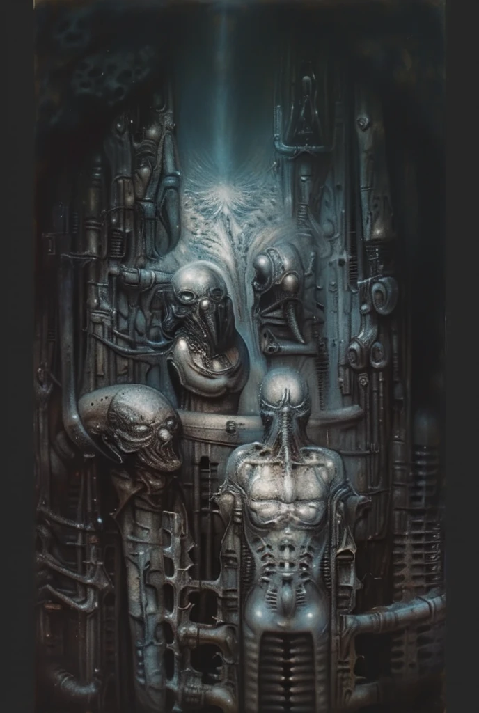 Curse of solomeea. The space in this H.R. Giger-esque image is formed through a complex interplay of several visual techniques, creating a claustrophobic, layered, and ambiguous environment. Space in this image is formed by a combination of overlapping forms, lack of traditional perspective, flowing curves, high detail, ambiguous scale, and subtle lighting. These techniques work together to create a unique and unsettling spatial experience that is characteristic of Giger's work: a claustrophobic, organic, and biomechanical environment that feels both alien and strangely familiar.
 The most dominant feature is the dense overlapping and interweaving of organic and mechanical forms. Figures, pipes, tubes, and other structures merge seamlessly, making it difficult to distinguish where one ends and another begins. This creates a sense of depth and layers, but also contributes to the claustrophobic feeling as there's little empty space.
 There's no clear horizon line or defined vanishing point to establish traditional perspective. This further adds to the sense of disorientation and makes it difficult to gauge the scale and distance of the elements within the image. The space feels compressed and undefined.
Giger frequently uses smooth, organic curves and contours that flow into each other. These curves create a sense of movement and dynamism, but also further blur the boundaries between objects and spaces. The eye is led through the image along these curves, but there's no clear destination or resting point.
 The high level of detail and intricate textures across the entire image contributes to the sense of density and complexity. There are few areas of smooth, flat color or empty space. This creates a visually rich environment, but also makes it difficult for the eye to find a focal point or establish a sense of spatial hierarchy.
 The scale and proportion of the elements are often ambiguous. 