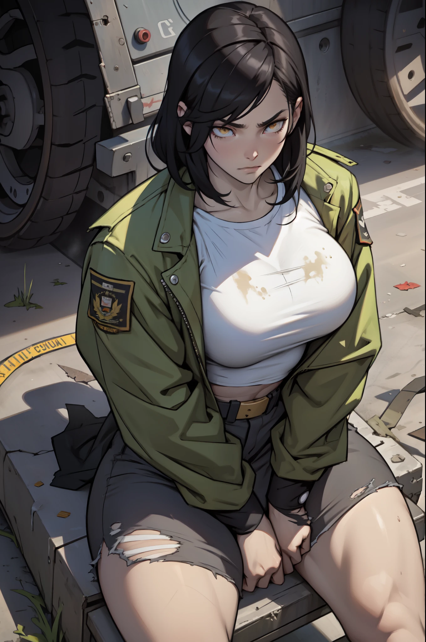 masterpiece, Highest quality, figure, Very detailed, Fine details, High resolution, 8K,wallpaper, Perfect dynamic composition,(Detailed high quality, Realistic depiction of eyes:1.3), Tattered clothes, (Slums), Collapsed room, Inside the barracks tent, Evacuation, He is wearing a tattered and dirty black hoodie.., Wear baggy pants, Dirty body, Tragic, (Disheveled long hair), Layered Cut, Black hair color, Big Natural Color Lip, Crying a little、Cold Stare, Harajuku Style、20-year-old girl、Cute type、Lolita, Idol Sculpture, Full body photo、Focus on the groin, Large swollen breasts, Very heavy chest、Moist Skin、Beautifully detailed face,、Black clothes、Black Bra。black eye、round face、Baby Face、Cigarette smoke、wide bob cut, 映画的な構figure、 A person sitting on the ground looking at the earth, Space Cowboys, Cyber-Space Cowboys, Josan Gonzalezにインスピレーションを得た, makoto shinkai ( Apex Legends ), Akira art style, ross tran style, Akira Vibes, Akira art style, Floating next to the planet, Josan Gonzalez, Science Fiction Art!!!!!!!, Josan Gonzalez!!!, In space, Modern Sci-Fi Anime