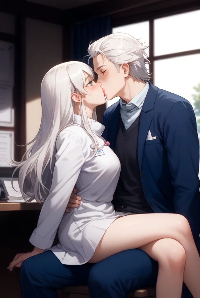 1chica ,  a boy , Shoko Leiri , Satoru Gojo ,  that the Shoko girl has long hair  , Doctor's coat and blue pants  ,  sitting on Satoru's legs ,  Satoru school uniform must have blue eyes and white hair ,  whoever wears the Jujutsu , That he is sitting in a chair ,  that they are kissing 
High resolution ,  The best quality, Detail, Details altos,  Precise, 