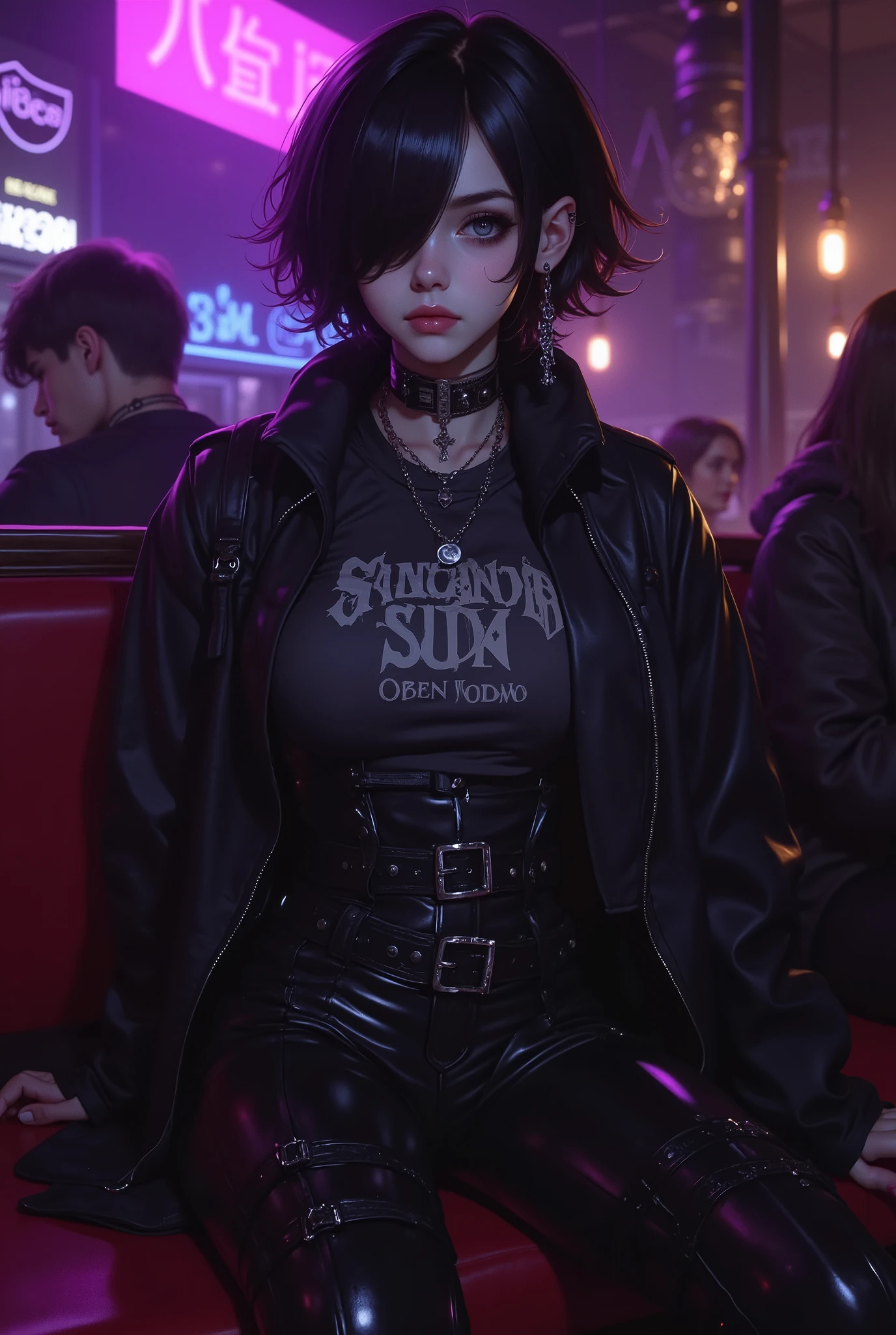 1Girl early twenties, black hair with messy short hair and curtain bangs at the sides, hair covering one eye, light skin, oval-shaped face with small chin, round eyes, Heterochromia, serious expression. Mall goth outfit, band t-shirt with pants and with a black plain choker on her neck, black leather jacket, silver chains in the details and jewelry, slightly lanky body. Medium size breasts. She is in a bar. She is sitting in a booth with one of her legs crossed over the other, 3/4 pose. Low view camera (-45 degree angle). Niji style. High Resolution, Masterpiece, Anatomically Correct. 35mm, Nikon, Bloom. Lowkey LIGHTING. Looking at viewer. Two point dramatic lighting, one light in the front side (loop lighting in purple), one light behind from the bar light.