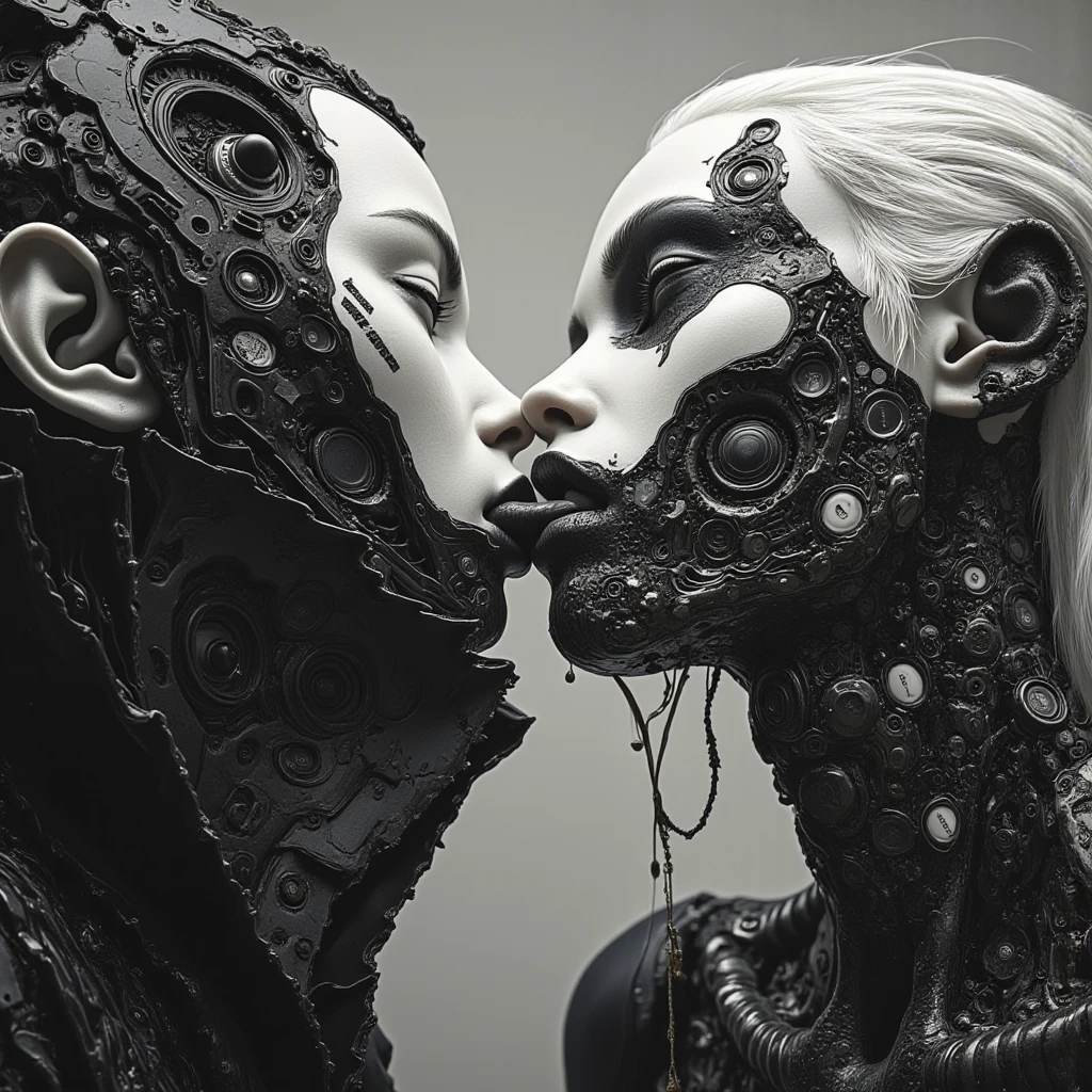 Cyberpunk girl, with wires comming out, mandibles, dentes afiados, Filme de Horror, animatronic, filme gore, filmed with panavision, monochrome, old VHS style, beautiful face, two women kissing, kiss, love 