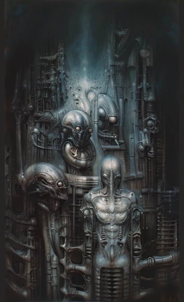 Curse of solomeea. The space in this H.R. Giger-esque image is formed through a complex interplay of several visual techniques, creating a claustrophobic, layered, and ambiguous environment. Space in this image is formed by a combination of overlapping forms, lack of traditional perspective, flowing curves, high detail, ambiguous scale, and subtle lighting. These techniques work together to create a unique and unsettling spatial experience that is characteristic of Giger's work: a claustrophobic, organic, and biomechanical environment that feels both alien and strangely familiar.
 The most dominant feature is the dense overlapping and interweaving of organic and mechanical forms. Figures, pipes, tubes, and other structures merge seamlessly, making it difficult to distinguish where one ends and another begins. This creates a sense of depth and layers, but also contributes to the claustrophobic feeling as there's little empty space.
 There's no clear horizon line or defined vanishing point to establish traditional perspective. This further adds to the sense of disorientation and makes it difficult to gauge the scale and distance of the elements within the image. The space feels compressed and undefined.
Giger frequently uses smooth, organic curves and contours that flow into each other. These curves create a sense of movement and dynamism, but also further blur the boundaries between objects and spaces. The eye is led through the image along these curves, but there's no clear destination or resting point.
 The high level of detail and intricate textures across the entire image contributes to the sense of density and complexity. There are few areas of smooth, flat color or empty space. This creates a visually rich environment, but also makes it difficult for the eye to find a focal point or establish a sense of spatial hierarchy.
 The scale and proportion of the elements are often ambiguous. 