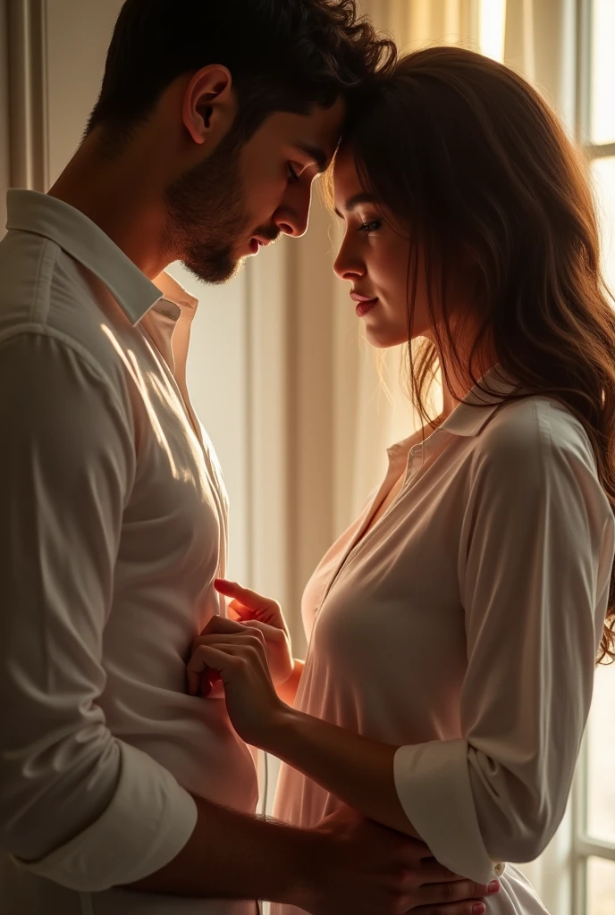 A man is emotionally hugging a woman by her waist, his head is resting on her abdomen. The woman is overwhelmed and tearful