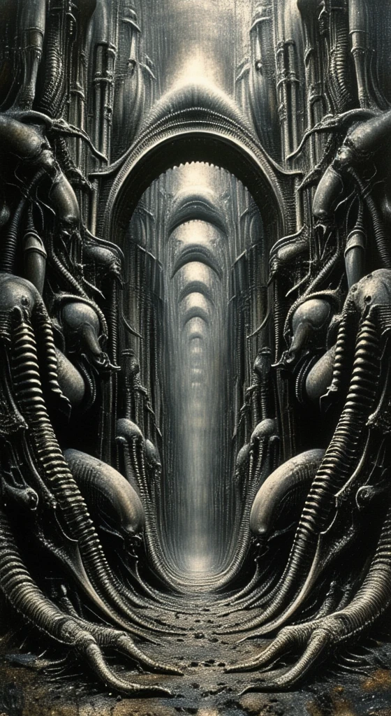 Curse of solomeea. The space in this H.R. Giger-esque image is formed through a complex interplay of several visual techniques, creating a claustrophobic, layered, and ambiguous environment. Space in this image is formed by a combination of overlapping forms, lack of traditional perspective, flowing curves, high detail, ambiguous scale, and subtle lighting. These techniques work together to create a unique and unsettling spatial experience that is characteristic of Giger's work: a claustrophobic, organic, and biomechanical environment that feels both alien and strangely familiar.
 The most dominant feature is the dense overlapping and interweaving of organic and mechanical forms. Figures, pipes, tubes, and other structures merge seamlessly, making it difficult to distinguish where one ends and another begins. This creates a sense of depth and layers, but also contributes to the claustrophobic feeling as there's little empty space.
 There's no clear horizon line or defined vanishing point to establish traditional perspective. This further adds to the sense of disorientation and makes it difficult to gauge the scale and distance of the elements within the image. The space feels compressed and undefined.
Giger frequently uses smooth, organic curves and contours that flow into each other. These curves create a sense of movement and dynamism, but also further blur the boundaries between objects and spaces. The eye is led through the image along these curves, but there's no clear destination or resting point.
 The high level of detail and intricate textures across the entire image contributes to the sense of density and complexity. There are few areas of smooth, flat color or empty space. This creates a visually rich environment, but also makes it difficult for the eye to find a focal point or establish a sense of spatial hierarchy.
 The scale and proportion of the elements are often ambiguous. 