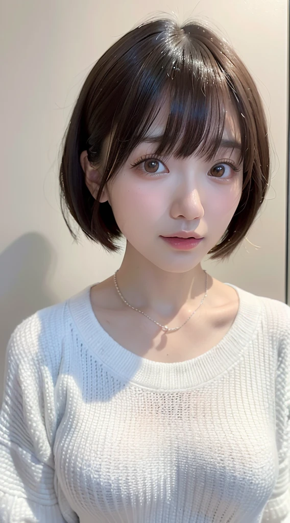 randome pose、top-quality、超A high resolution、(Photorealsitic:1.5)、女の子1人、Sweaters、(short-haired:1.2)、(smallunderboob:1.2)、home、turned around、a closeup、full body Esbian、Nasty eyes、embarassed face