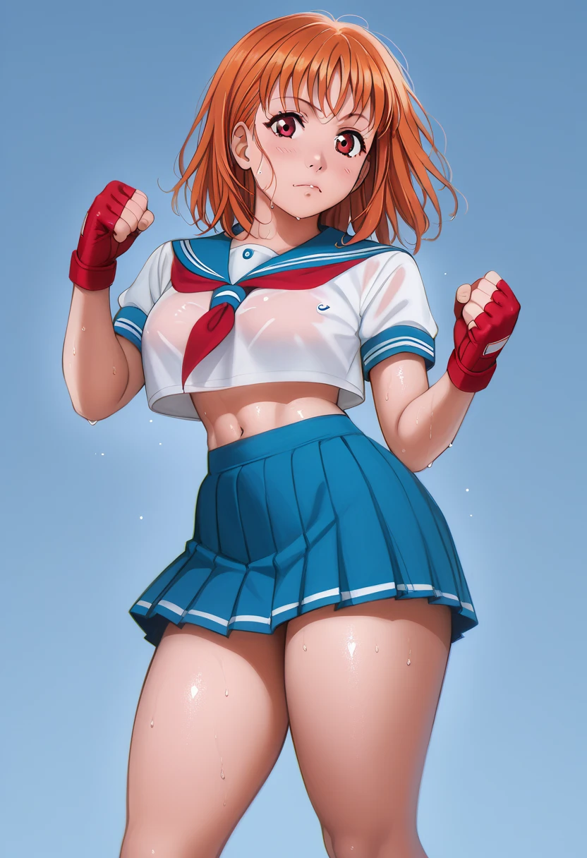 Solo,1girl, takami chika, medium hair, orange hair, red eyes,standing, sporty athletic build, confident pose, big breasts, breasts outlines, score_9, score_8_up, score_7_up, score_6_up,blue skirt, crop top, midriff, miniskirt, navel, sailor , school uniform, short sleeves, skirt, stomach, shirt, white shirt, red fingerless gloves,sweating, detailed body, shiny skin , p4l0m4, web comic,toned thighs, sexy pose, simple background, clenched hands,side lower butt, looking at viewer