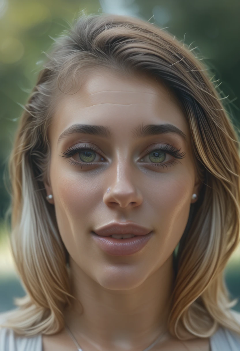 A highly detailed and realistic portrait of a woman's face with a natural and serene expression. The image should focus on lifelike skin texture, sharp and well-defined facial features, expressive eyes, and natural lighting. Include subtle shadows and soft highlights to enhance realism, with a neutral or slightly blurred background to maintain focus on the face