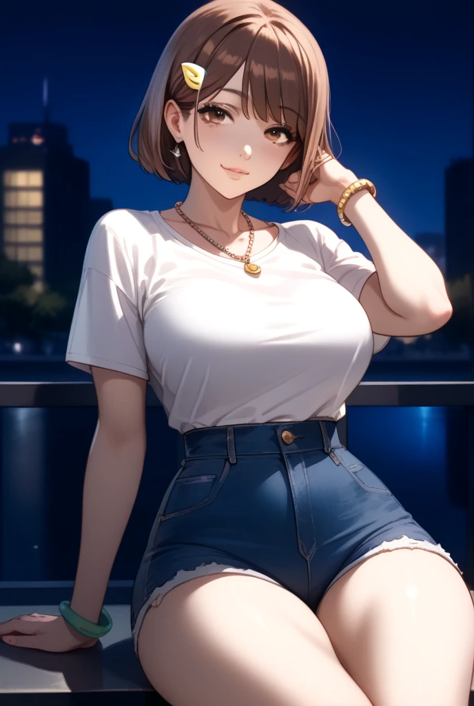 1chica , Alone, Shoko ieiri,  full photo , short brown hair,  brown eyes and moles under your eye  , no hair accessory , necklaces and bracelets , Big breasts ,  large hips  ,  small waist and thick thighs  ,  that you are wearing a white shirt and jeans shorts  ,  that you are sitting in a square at night and that in the background you can see the city of Tokyo, High resolution,  The best quality, Detail,  Precise,  high quality, Details altos, 