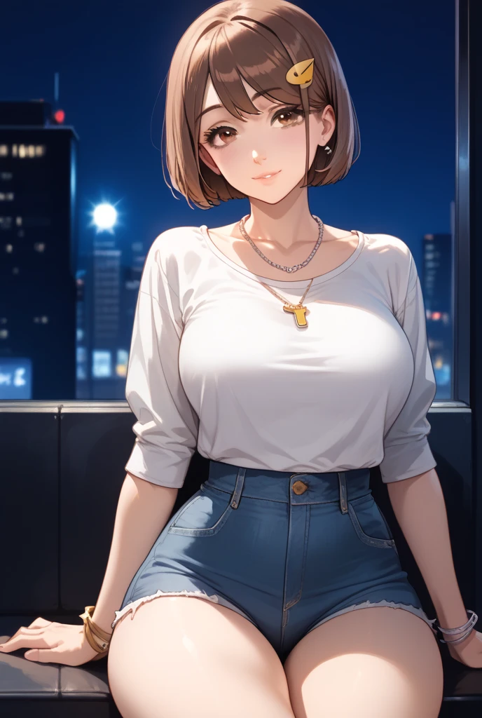 1chica , Alone, Shoko ieiri,  full photo , short brown hair,  brown eyes and moles under your eye  , no hair accessory , necklaces and bracelets , Big breasts ,  large hips  ,  small waist and thick thighs  ,  that you are wearing a white shirt and jeans shorts  ,  that you are sitting in a square at night and that in the background you can see the city of Tokyo, High resolution,  The best quality, Detail,  Precise,  high quality, Details altos, 