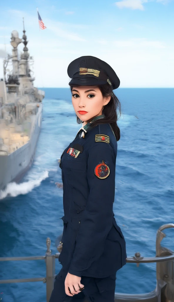 A 3D ultra-realistic depiction of a confident and beautiful Algerian woman, aged 30, serving as a naval officer. She wears the official Algerian Navy uniform, complete with insignias, rank badges, and the national flag emblem prominently displayed on her sleeve. Her dark hair is neatly tied back under a naval cap, and her expression exudes determination and authority. The scene captures her mid-step, walking confidently across the deck of an Algerian warship, her posture upright and commanding. In the background, another naval vessel sails on calm blue waters, with the Algerian flag flying high. The atmosphere reflects professionalism and pride, with a clear sky above and gentle waves below, emphasizing the maritime setting.