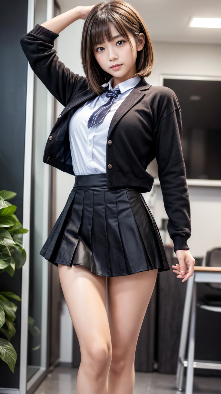 arafed woman in a skirt and high heels standing in front of a wall, school girl, dressed as , wearing skirt and high socks, a hyperrealistic , thighhighs and skirt, miniskirt, mini-skirt, cute , hyperrealistic, of a posing, she has bob haircut, bob haircut