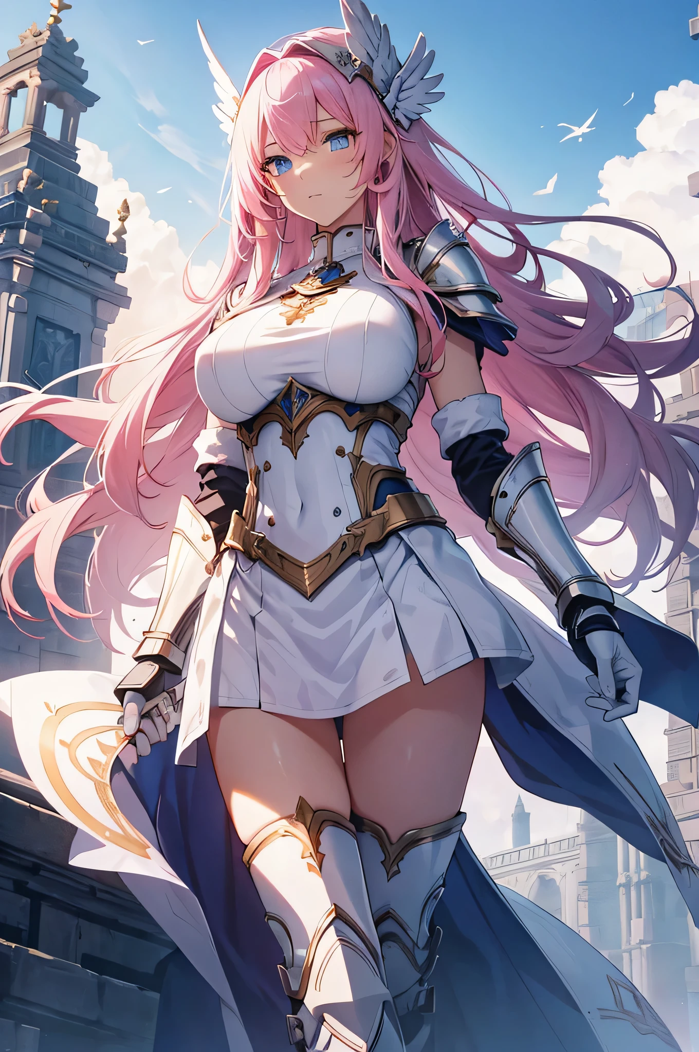 Browsing Caution, masterpiece、highest quality、Ultra-high resolution、Maximum resolution、Very detailed、Professional Lighting、anime、Adult female、thin、so beautiful、Beautiful Face、Armored Dress、Pink and white full plate armor、Shiny Armor、Golden decoration、Gorgeous tiara、Gold earrings、frilled armor、Pink Hair、Blue Eyes、Gold Belt、Cape、He has a gorgeous cane and book.、White underwear、
