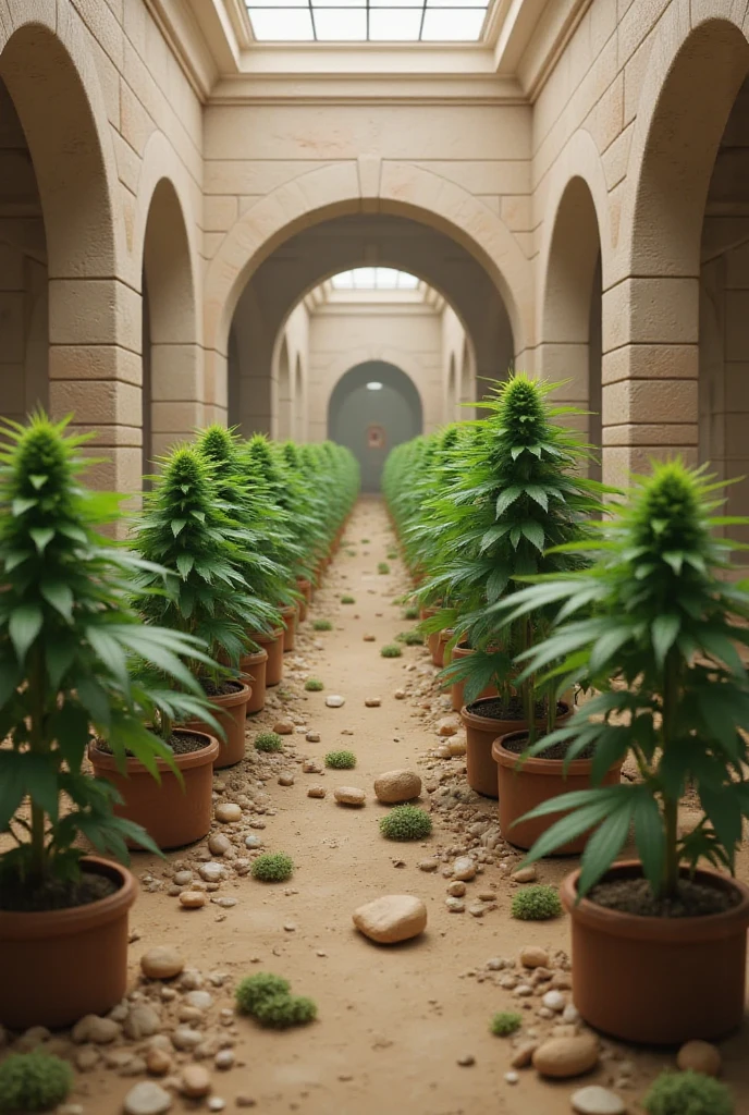 50mm lens lens perspective, ground level, 4k resolution,  of isotonic, geometric digital hyper realiestic concept cultivation of bud i.e. marijuana, ganja, herbs, in the year 10,000 BC, the scene should envoke the fealing of barbarians form conan magazines, the scene is a desert grow, of ganja by the culture of 10,000 BC, in this mysterious scientests dev lab with influence of CG HD graphics style inspired by PIXI Dot of artstation, and the amazing imagination of Boris Vallejo under the schooling of Leonardo Davinci