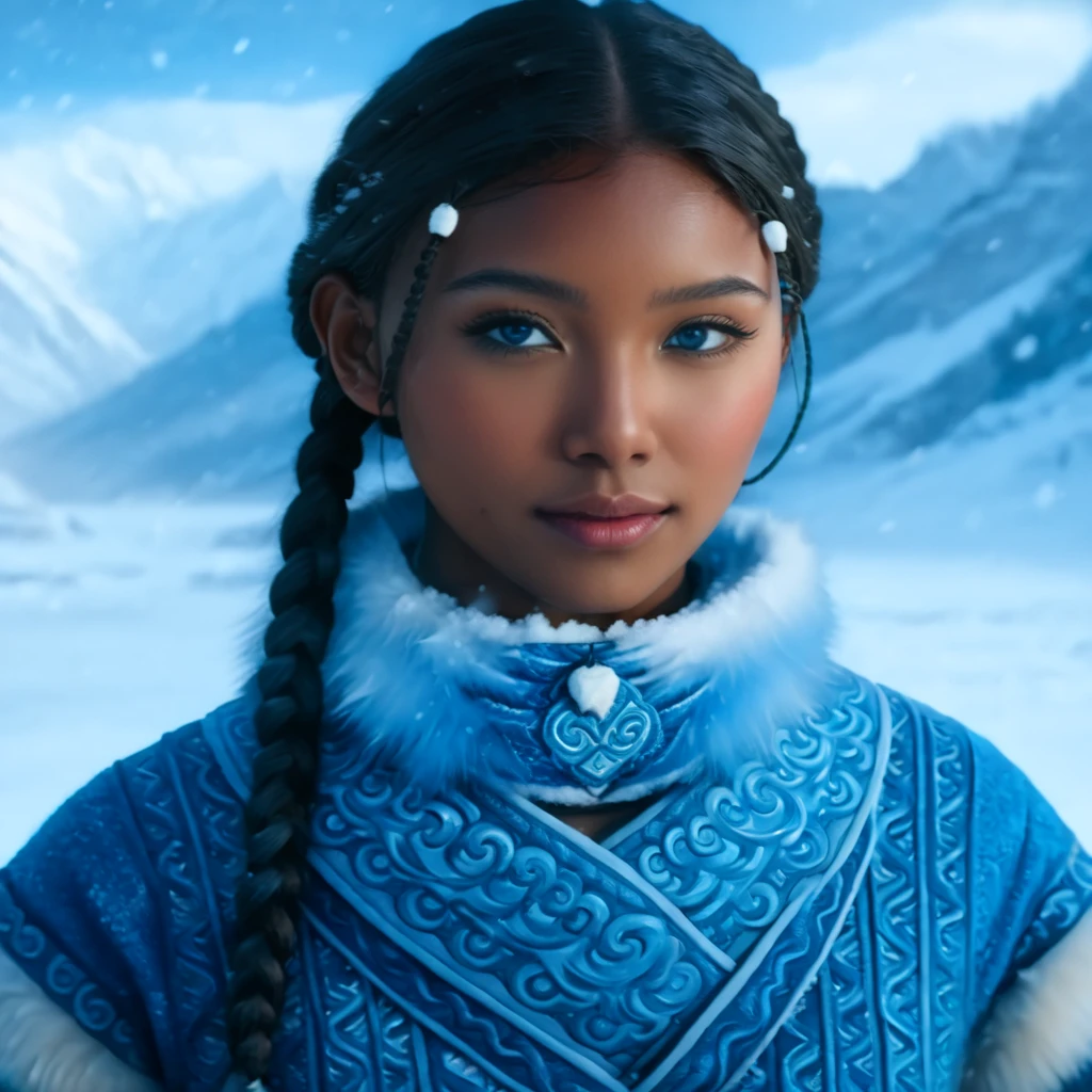 (photorealistic:1.4), (full-body), 1girl, (Katara from Avatar: The Last Airbender), (hyper-detailed full-body), cinematic lighting, (anime-inspired realism), (waterbender tools: intricately detailed tea cup, waterbending artifacts), ((North Pole home, snow-covered mountains, winter elements, icy weather, snowflakes in the air)), (artwork by Artgerm, hyper-realistic:1.4), (photorealistic details with perfect lighting, lens flare, enhanced texture), (detailed collar, perfectly highlighted in fur and fabric), ((blue eyes:1.4)), Asian facial features, defined cheekbones, (natural makeup:0.8), (dark skin:1.6), ((almond-shaped eyes, Asian-inspired features with vibrant blue color)), (braids in the front, long braid in the back, flawless hair detail), (oval face, highly detailed, symmetrical facial structure, seductive yet gentle expression), (full peach-shaped breasts, heart-shaped buttocks), ((thick thighs:1.2)), ((large hips, full figure)), (cleavage visible, refined and elegant), (tea ceremony setting, sitting calmly, traditional water tribe decor), (highly detailed snow-covered background:1.2, mountains in the distance, frosty windows), (masterpiece artwork:1.4), (high-definition quality, realistic textures, stunning details in clothing and accessories), (perfect body symmetry and anatomy, perfect fingers, hands, feet, legs, fully detailed), (cinematic 3-point lighting setup, amazing color contrast), (full-body, realistic depth of field, soft bokeh), (wide-angle camera angle, 24mm lens, excellent composition), (tribal Water Tribe attire, fur-lined dress with intricate patterns), (perfect focus, excellent rendering).