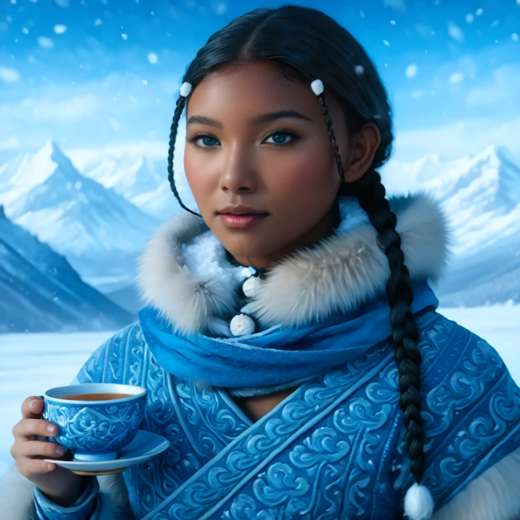 (photorealistic:1.4), (full-body), 1girl, (Katara from Avatar: The Last Airbender), (hyper-detailed full-body), cinematic lighting, (anime-inspired realism), (waterbender tools: intricately detailed tea cup, waterbending artifacts), ((North Pole home, snow-covered mountains, winter elements, icy weather, snowflakes in the air)), (artwork by Artgerm, hyper-realistic:1.4), (photorealistic details with perfect lighting, lens flare, enhanced texture), (detailed collar, perfectly highlighted in fur and fabric), ((blue eyes:1.4)), Asian facial features, defined cheekbones, (natural makeup:0.8), (dark skin:1.6), ((almond-shaped eyes, Asian-inspired features with vibrant blue color)), (braids in the front, long braid in the back, flawless hair detail), (oval face, highly detailed, symmetrical facial structure, seductive yet gentle expression), (full peach-shaped breasts, heart-shaped buttocks), ((thick thighs:1.2)), ((large hips, full figure)), (cleavage visible, refined and elegant), (tea ceremony setting, sitting calmly, traditional water tribe decor), (highly detailed snow-covered background:1.2, mountains in the distance, frosty windows), (masterpiece artwork:1.4), (high-definition quality, realistic textures, stunning details in clothing and accessories), (perfect body symmetry and anatomy, perfect fingers, hands, feet, legs, fully detailed), (cinematic 3-point lighting setup, amazing color contrast), (full-body, realistic depth of field, soft bokeh), (wide-angle camera angle, 24mm lens, excellent composition), (tribal Water Tribe attire, fur-lined dress with intricate patterns), (perfect focus, excellent rendering).