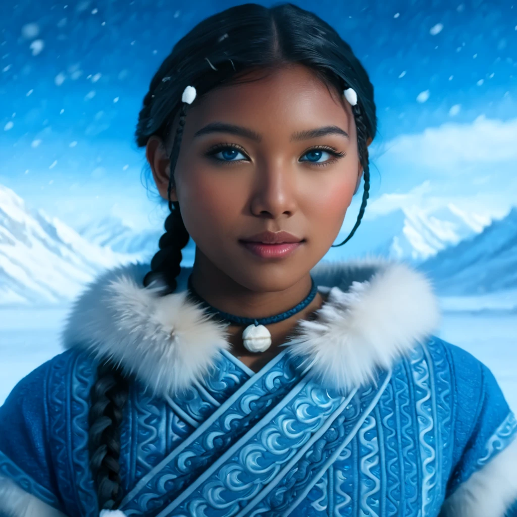 (photorealistic:1.4), (full-body), 1girl, (Katara from Avatar: The Last Airbender), (hyper-detailed full-body), cinematic lighting, (anime-inspired realism), (waterbender tools: intricately detailed tea cup, waterbending artifacts), ((North Pole home, snow-covered mountains, winter elements, icy weather, snowflakes in the air)), (artwork by Artgerm, hyper-realistic:1.4), (photorealistic details with perfect lighting, lens flare, enhanced texture), (detailed collar, perfectly highlighted in fur and fabric), ((blue eyes:1.4)), Asian facial features, defined cheekbones, (natural makeup:0.8), (dark skin:1.6), ((almond-shaped eyes, Asian-inspired features with vibrant blue color)), (braids in the front, long braid in the back, flawless hair detail), (oval face, highly detailed, symmetrical facial structure, seductive yet gentle expression), (full peach-shaped breasts, heart-shaped buttocks), ((thick thighs:1.2)), ((large hips, full figure)), (cleavage visible, refined and elegant), (tea ceremony setting, sitting calmly, traditional water tribe decor), (highly detailed snow-covered background:1.2, mountains in the distance, frosty windows), (masterpiece artwork:1.4), (high-definition quality, realistic textures, stunning details in clothing and accessories), (perfect body symmetry and anatomy, perfect fingers, hands, feet, legs, fully detailed), (cinematic 3-point lighting setup, amazing color contrast), (full-body, realistic depth of field, soft bokeh), (wide-angle camera angle, 24mm lens, excellent composition), (tribal Water Tribe attire, fur-lined dress with intricate patterns), (perfect focus, excellent rendering).