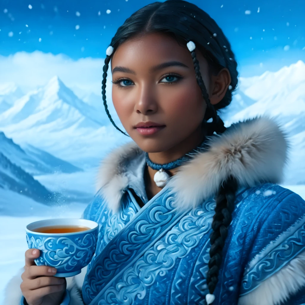 (photorealistic:1.4), (full-body), 1girl, (Katara from Avatar: The Last Airbender), (hyper-detailed full-body), cinematic lighting, (anime-inspired realism), (waterbender tools: intricately detailed tea cup, waterbending artifacts), ((North Pole home, snow-covered mountains, winter elements, icy weather, snowflakes in the air)), (artwork by Artgerm, hyper-realistic:1.4), (photorealistic details with perfect lighting, lens flare, enhanced texture), (detailed collar, perfectly highlighted in fur and fabric), ((blue eyes:1.4)), Asian facial features, defined cheekbones, (natural makeup:0.8), (dark skin:1.6), ((almond-shaped eyes, Asian-inspired features with vibrant blue color)), (braids in the front, long braid in the back, flawless hair detail), (oval face, highly detailed, symmetrical facial structure, seductive yet gentle expression), (full peach-shaped breasts, heart-shaped buttocks), ((thick thighs:1.2)), ((large hips, full figure)), (cleavage visible, refined and elegant), (tea ceremony setting, sitting calmly, traditional water tribe decor), (highly detailed snow-covered background:1.2, mountains in the distance, frosty windows), (masterpiece artwork:1.4), (high-definition quality, realistic textures, stunning details in clothing and accessories), (perfect body symmetry and anatomy, perfect fingers, hands, feet, legs, fully detailed), (cinematic 3-point lighting setup, amazing color contrast), (full-body, realistic depth of field, soft bokeh), (wide-angle camera angle, 24mm lens, excellent composition), (tribal Water Tribe attire, fur-lined dress with intricate patterns), (perfect focus, excellent rendering).