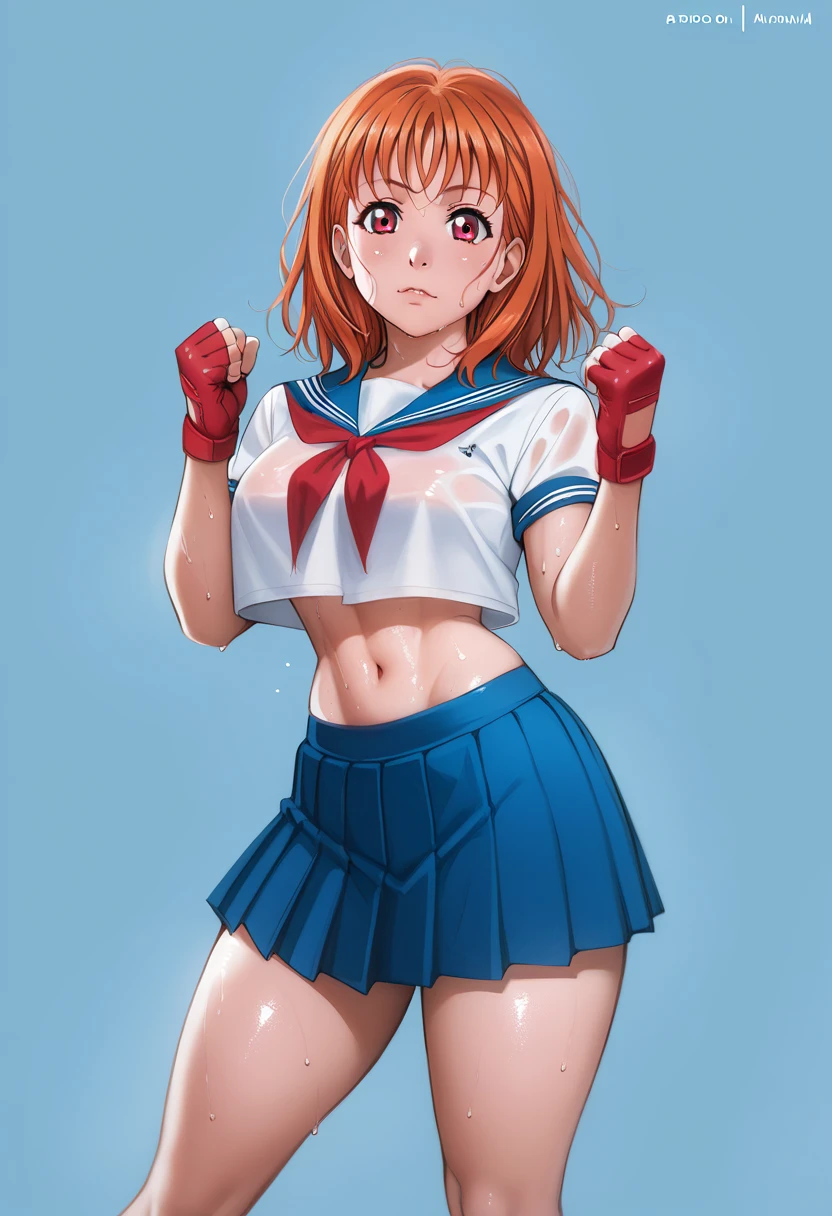 Solo,1girl, takami chika, medium hair, orange hair, red eyes,standing, sporty athletic build, confident pose, big breasts, breasts outlines, score_9, score_8_up, score_7_up, score_6_up,blue skirt, crop top, midriff, miniskirt, navel, sailor , school uniform, short sleeves, skirt, stomach, shirt, white shirt, red fingerless gloves,sweating, detailed body, shiny skin , p4l0m4, web comic,toned thighs, sexy pose, simple background, clenched hands,side lower ass, looking at viewer