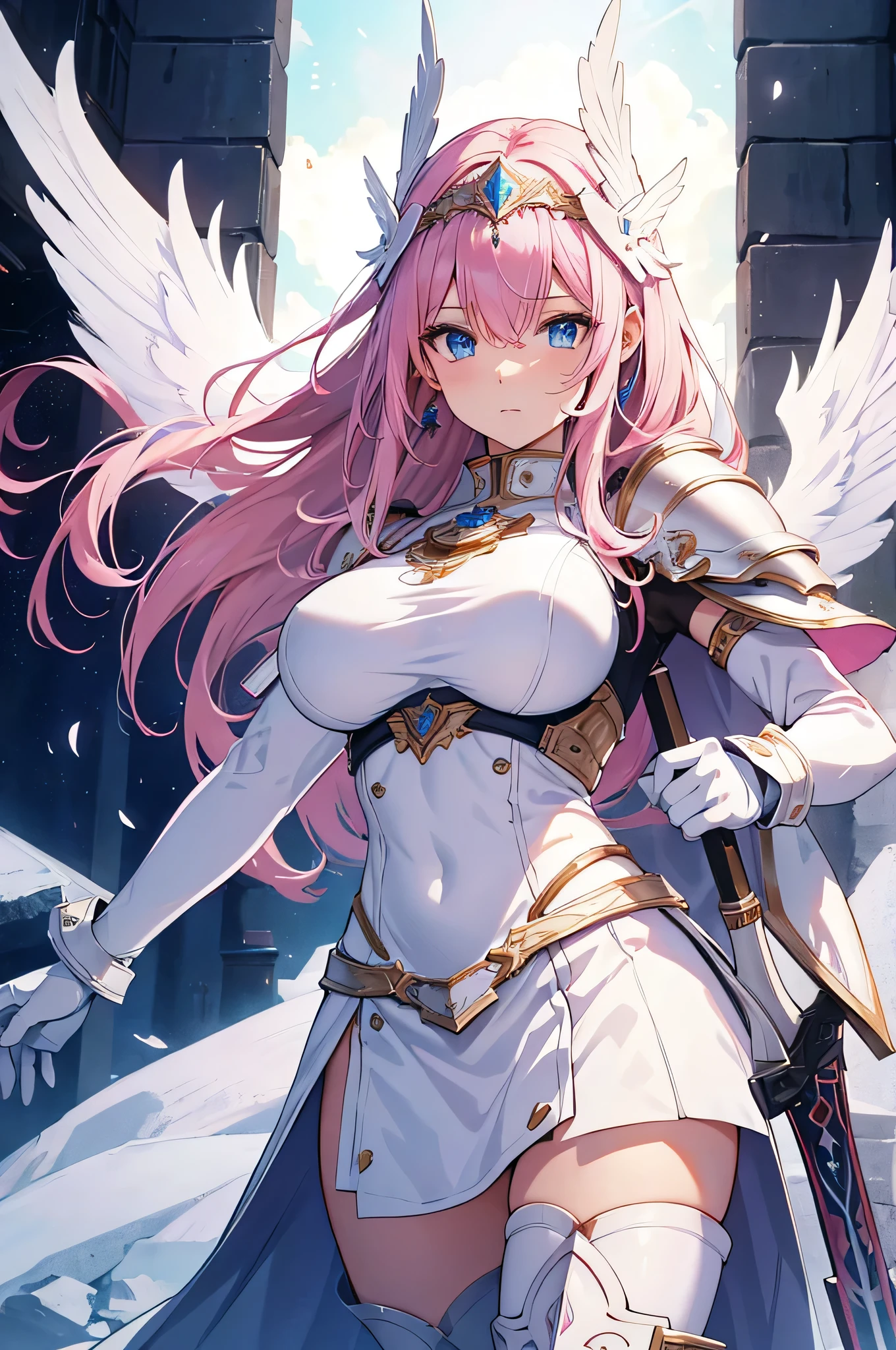 One lady、Big Wings of Angels、wearing armor、Big castle、Cinematic lighting、Textured skin、goddes、full bodyesbian、With a sword in one hand、standing and looking at viewers、various burning chains around her、((detailed flawless face)))、beautidful eyes、Beautiful expression、Seductive body、Tall body、Mature body、pink back ground、BREAK burning aura、Dazzling pink sparks、Sexy body、detaileds、realisitic、4K highly detailed digital art、octan render、bio luminescent、Break 8K resolution concept art、真实感、Studio Map、masterpiece、top-quality、Official art、illustratio、ligne claire、(Cool_Color)、perfect-composition、Fantasia、thirds rule