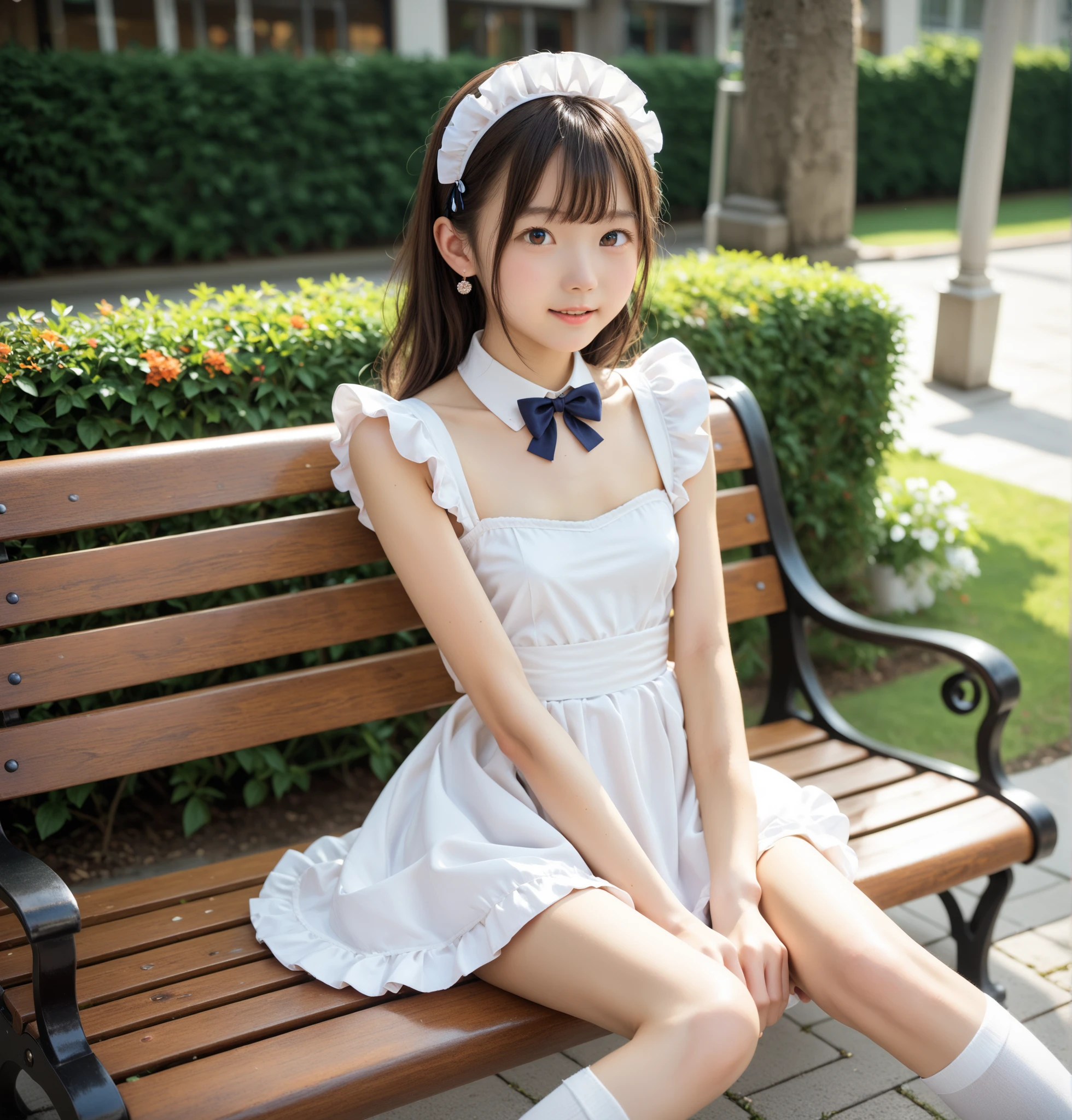  maid clothes ,university student,First Year,(younger:1.2),skinny ,Lanky, is anatomically correct, Cute Girl ,masterpiece,skinny ,Lanky, highest image quality taken by Ki,4K,8k,16k, dark brown eyes,Narrow shoulders:1.5,Thin arms,Young, Japanese, white knee-high socks,Spread your arms out to the sides,Stand on your knees and spread your legs to the sides,score_9,score_8_up ,score_7_up ,rating_safe, big breasts:1.5,Thin legs, sit on a park bench