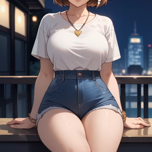 1chica , Alone, Shoko ieiri,  short brown hair,  brown eyes and moles under your eye  , no hair accessory , necklaces and bracelets , Big breasts ,  large hips  ,  small waist and thick thighs  ,  that you are wearing a white shirt and jeans shorts  ,  that you are sitting in a square at night and that in the background you can see the city of Tokyo, High resolution,  The best quality, Detail,  Precise,  high quality, Details altos, 