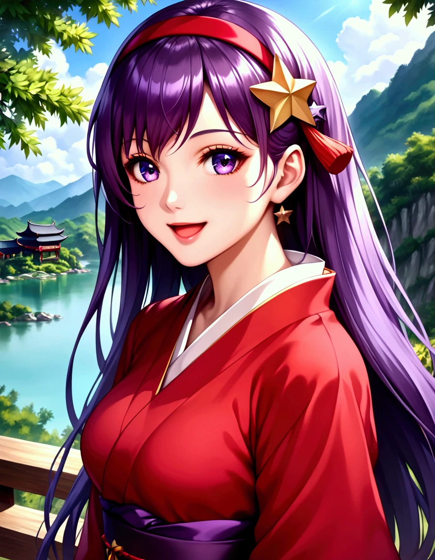 (looking as viewer),  1girl , Let,  very detailed beautiful girl ,  very detailed face ,  Perfect Face,  has a precisely formed nose ,Expressive lips, (Very thin hair), ( Long Hair , purple hair),  red headband, Star-shaped hair ornament, smile, opened mouth,  very detailed skin,  slim,  white and red kimono , Long-sleeved kimono,  wearing clogs, ( , Legs are visible ,dynamic), csal_scenery, (( Japanese shrines , Domestic)), ( Movie Scene , best quality  ,  high definition , Detailed hair,  beautiful detail,  very detailed CG), (8k,  best quality  : 1.2),  high definition and beautiful