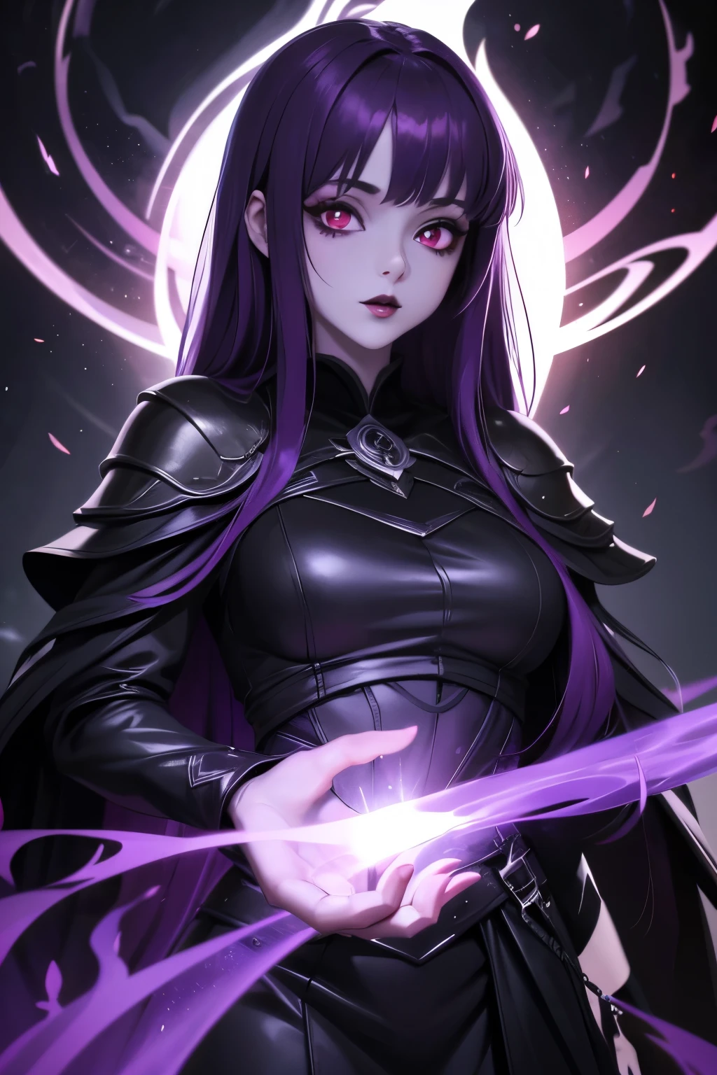 extremely beautiful girl, Pale white skin , glowing red eyes looking at the viewer, LONG PURPLE HAIR, black lips , wearing a black sorceress outfit , she is casting purple rays on the viewer , extremely detailed image 4k .