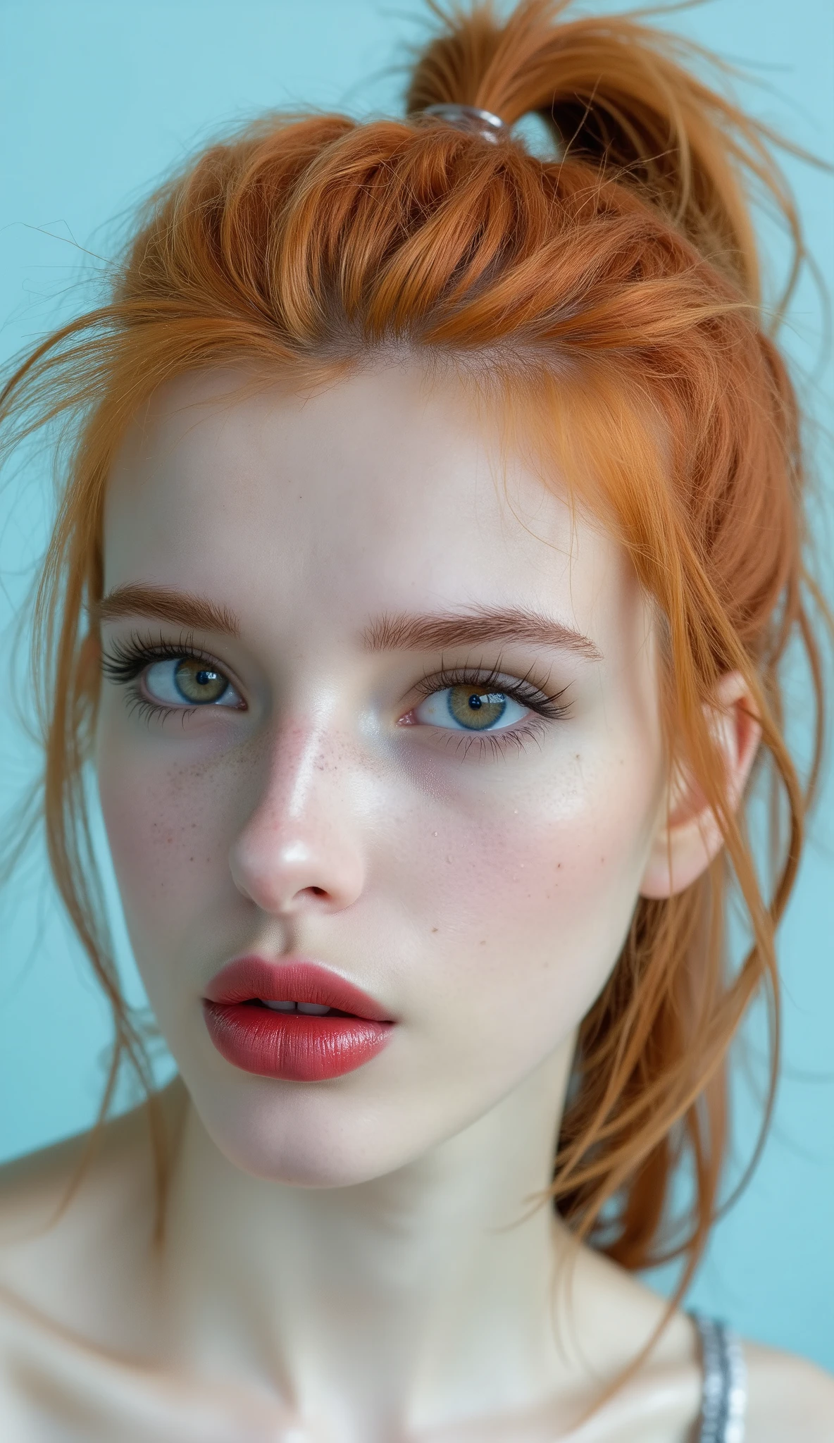 Beautiful albino woman with bright blue eyes, long straigt ginger hair with a ponytail bind up, light turqouse plane background , porcelain skin , Ultra detaild skin, photo ultra-realistic, hyper-detailed , Vogue photo shoot , cinematic, big limps with glossy pink lipstick