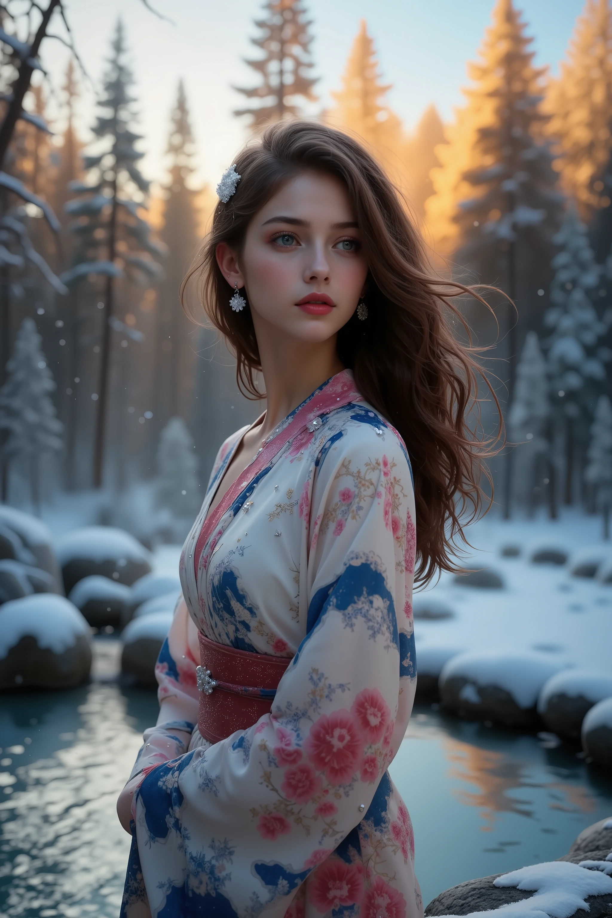 An award-winning 70s-style analog photograph of a beautiful Japanese woman standing gracefully near the edge of a steaming onsen during a tranquil Japanese winter. She wears an elegant yukata with intricate patterns of cherry blossoms, cranes, and waves in soft pink, deep red, and gold. Snowflakes gently fall around her, clinging to her flowing hair and the fabric of her yukata, while her serene expression reflects quiet contemplation.

The background features a traditional snow-covered onsen, surrounded by smooth stones and tall, snow-dusted pine trees. Rising mist from the steaming water contrasts with the cold, crisp air, as soft god rays filter through the branches, casting a warm golden light on the scene. The composition highlights her elegant form, the intricate details of her yukata, and the serene, ethereal beauty of a snowy Japanese winter onsen. The image has a distinct grainy 70s analog texture, lending a nostalgic and timeless quality.