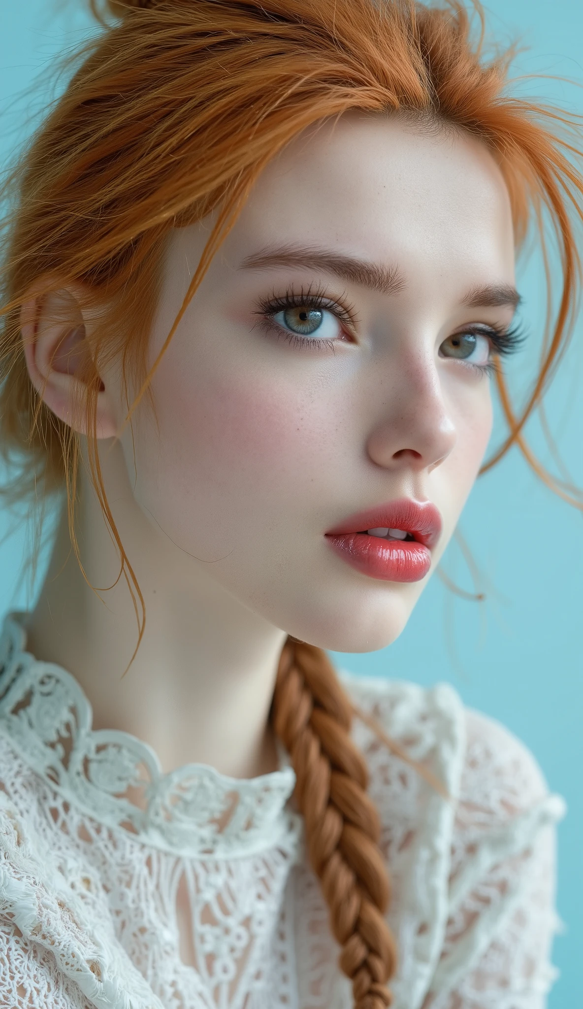 Beautiful albino woman with bright blue eyes, long straigt ginger hair with a ponytail bind up, light turqouse plane background , porcelain skin , Ultra detaild skin, photo ultra-realistic, hyper-detailed , Vogue photo shoot , cinematic, big limps with glossy pink lipstick