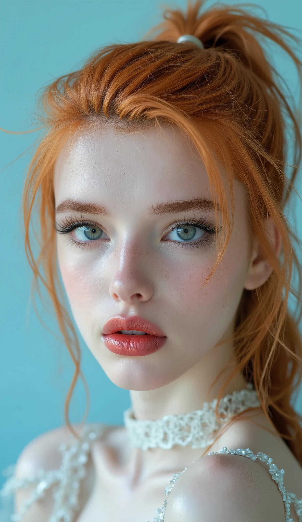 Beautiful albino woman with bright blue eyes, long straigt ginger hair with a ponytail bind up, light turqouse plane background , porcelain skin , Ultra detaild skin, photo ultra-realistic, hyper-detailed , Vogue photo shoot , cinematic, big limps with glossy pink lipstick