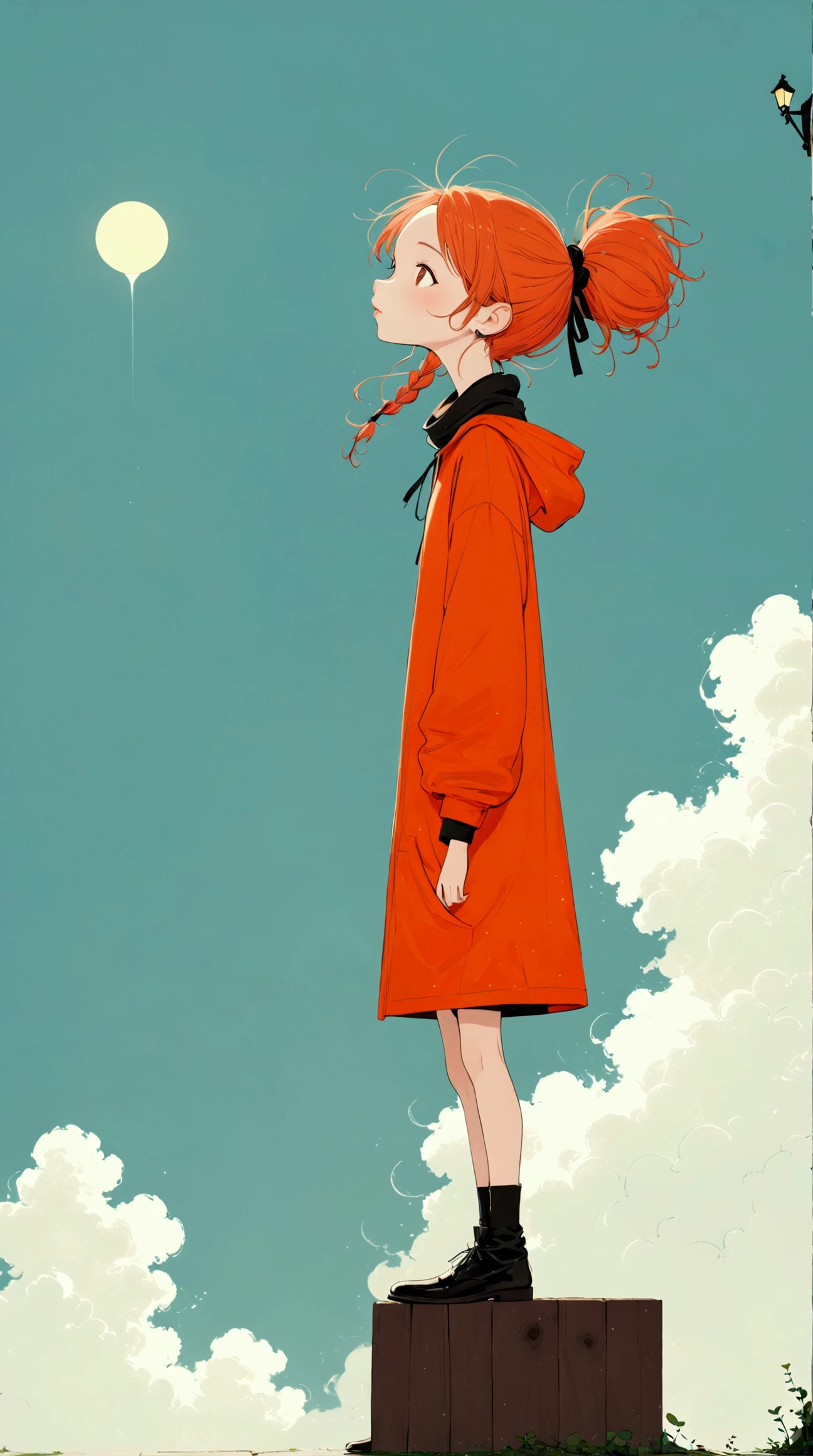 style of santiago caruso，In the style of Alessandro Gottardo【Flat coating】- ((best quality)), illustration, Ewa Poklewska-Koziełło in style of Mike Azevedo，Cartoon graffiti ， standing on a wooden stake looking into the distance，White Cloud，Fear of heights，whole body, Solid color background