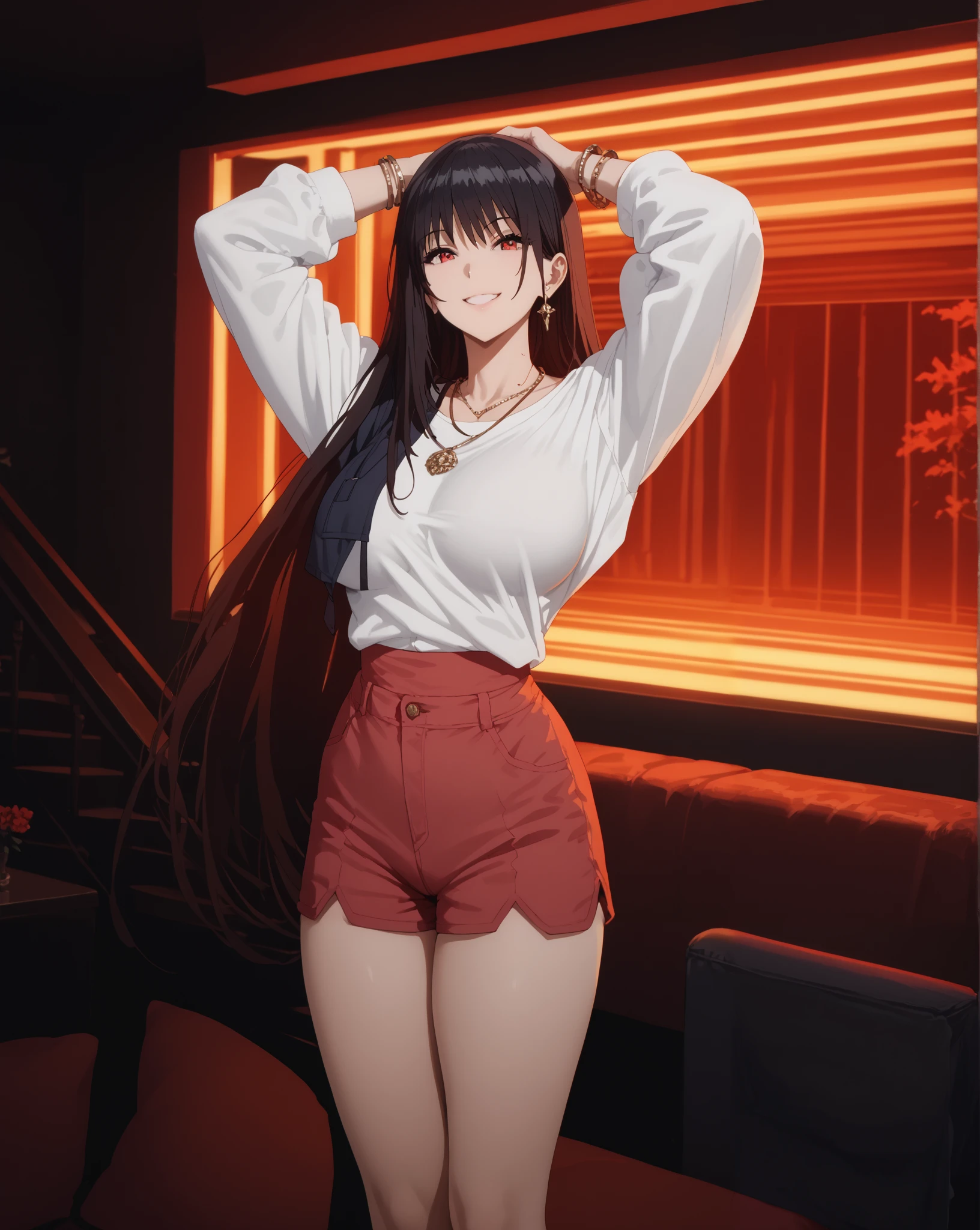 Source anime, Tall girl,score_9, score_8_up, score_7_up, score_6_up, uncensored, claire kagenou, long hair, black hair, red eyes, huge breast,thighs, 1girl, long_hair, black_hair, solo, shorts, shirt, white_shirt, looking_at_viewer, arms_up, smile, long_sleeves, standing, jewelry, necklace, pink_shorts, bangs, high-waist_shorts, red_shorts, indoors