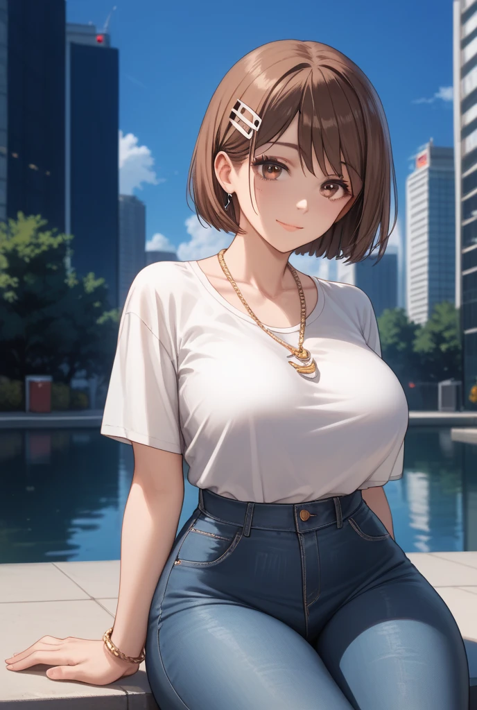 1chica , Alone, Shoko ieiri, full photo ,  short brown hair,  brown eyes and moles under your eye  , no hair accessory , necklaces and bracelets , Big breasts ,  large hips  ,  small waist and thick thighs  ,  that you are wearing a white shirt and jeans shorts  ,  that you are sitting in a square at night and that in the background you can see the city of Tokyo, High resolution,  The best quality, Detail,  Precise,  high quality, Details altos, 