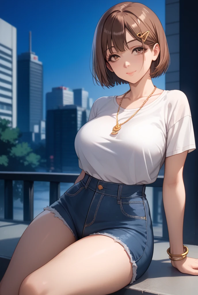 1chica , Alone, Shoko ieiri, full photo ,  short brown hair,  brown eyes and moles under your eye  , no hair accessory , necklaces and bracelets , Big breasts ,  large hips  ,  small waist and thick thighs  ,  that you are wearing a white shirt and jeans shorts  ,  that you are sitting in a square at night and that in the background you can see the city of Tokyo, High resolution,  The best quality, Detail,  Precise,  high quality, Details altos, 