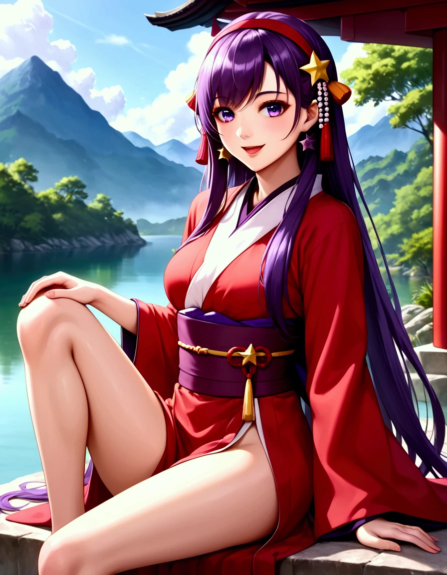 ( knee up ),  1girl , Let,  very detailed beautiful girl ,  very detailed face ,  Perfect Face,  towards the viewer The nose is accurately formed ,Expressive lips, (Very thin hair), ( Long Hair , purple hair),  red headband, Star-shaped hair ornament, smile, opened mouth,  very detailed skin,  slim,  white and red kimono , Long-sleeved kimono,  wearing clogs, ( , Legs are visible ,dynamic), csal_scenery, (( Japanese shrines , Domestic)), ( Movie Scene , best quality  ,  high definition , Detailed hair,  beautiful detail,  very detailed CG), (8k,  best quality  : 1.2),  high definition and beautiful