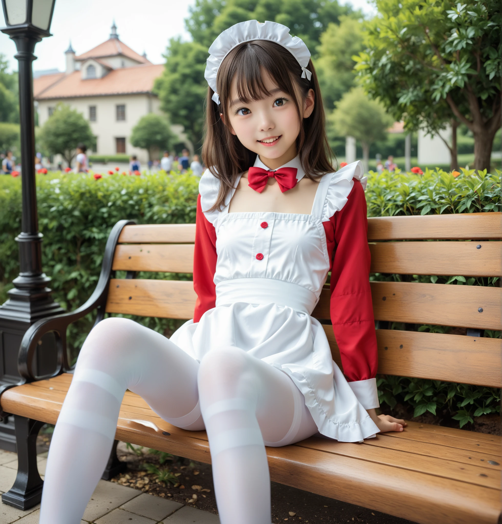  maid clothes ,university student,First Year,(younger:1.2),skinny ,Lanky, is anatomically correct, Cute Girl ,masterpiece,skinny ,Lanky, highest image quality taken by Ki,4K,8k,16k, dark brown eyes,Narrow shoulders:1.5,Thin arms,Young, Japanese,( white tights:1.5),Spread your arms out to the sides,Stand on your knees and spread your legs to the sides,score_9,score_8_up ,score_7_up ,rating_safe, big breasts:1.5,Thin legs, sit on a park bench