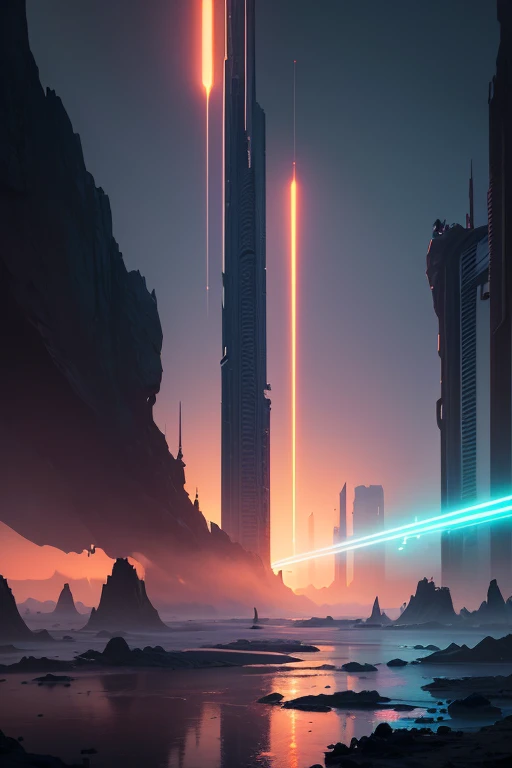 The best cell phone wallpaper, Award-Winning Wallpaper, Sunset, lost, landscape, liminal space, pillars stretching endlessly into the sky, neon colors, detailed matte painting, deep color, fantastical, intricate detail, splash screen, complementary colors, fantasy concept art, anime, 8k resolution, trending on Artstation, Unreal Engine 5