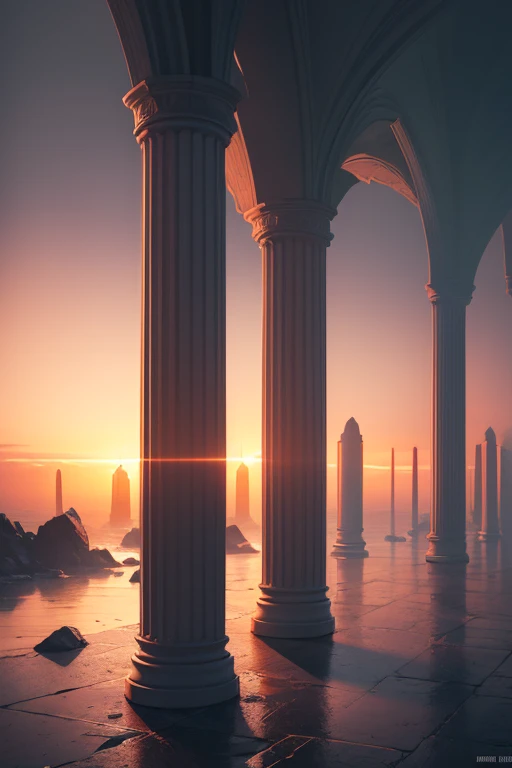 The best cell phone wallpaper, Award-Winning Wallpaper, Sunset, lost, landscape, liminal space, pillars stretching endlessly into the sky, neon colors, detailed matte painting, deep color, fantastical, intricate detail, splash screen, complementary colors, fantasy concept art, anime, 8k resolution, trending on Artstation, Unreal Engine 5