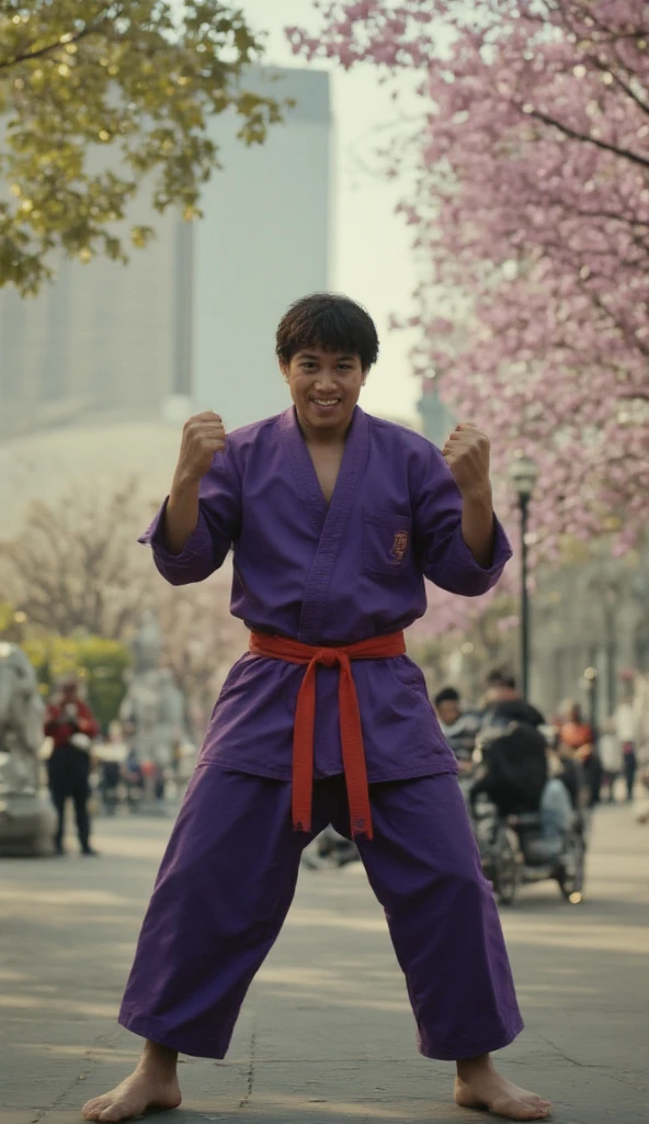 (best quality, 128k,highres,masterpiece:1.2),ultra-detailed,(realistic,photorealistic,photo-realistic:1.37), ((masterpiece)) ((photography)) ((Highest quality))  A hyper-realistic depiction of Dan Hibiki from Street Fighter in a bustling city park. Dan’s unique purple gi is loosely worn, with a bright red belt. His goofy and confident demeanor is evident as he strikes an exaggerated pose, his wide grin contrasting the seriousness of his surroundings. Despite his playful nature, there’s a hint of inner strength behind his smile. The park is filled with modern sculptures and trees in full bloom, the sunlight filtering through the leaves as Dan shows off his fighting stance in an overly dramatic fashion. His casual confidence and the colorful environment capture his charismatic, albeit often misunderstood, presence.