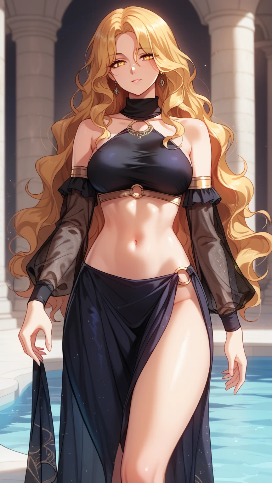 long hair, red wavy hair, golden eyes, wavy hair, no front hair, no bangs, round, arabic lace dresses, gold necklace, turtleneck, covered collarbone, bare shoulders, black crop top, detached sleeves, sheer sleeves, midriff, navel, o-ring, waist cape, pool curtain gladiator sandals