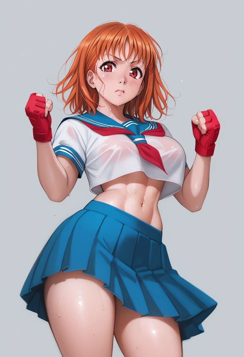 Solo,1girl, takami chika, medium hair, orange hair, red eyes,standing, sporty athletic build, confident pose, big breasts, breasts outlines, score_9, score_8_up, score_7_up, score_6_up,blue skirt, crop top, midriff, miniskirt, navel, sailor , school uniform, short sleeves, skirt, stomach, shirt, white shirt, red fingerless gloves,sweating, detailed body, shiny skin , p4l0m4, web comic,toned thighs, sexy pose, simple background, clenched hands,no bra, looking at viewer, punching viewer