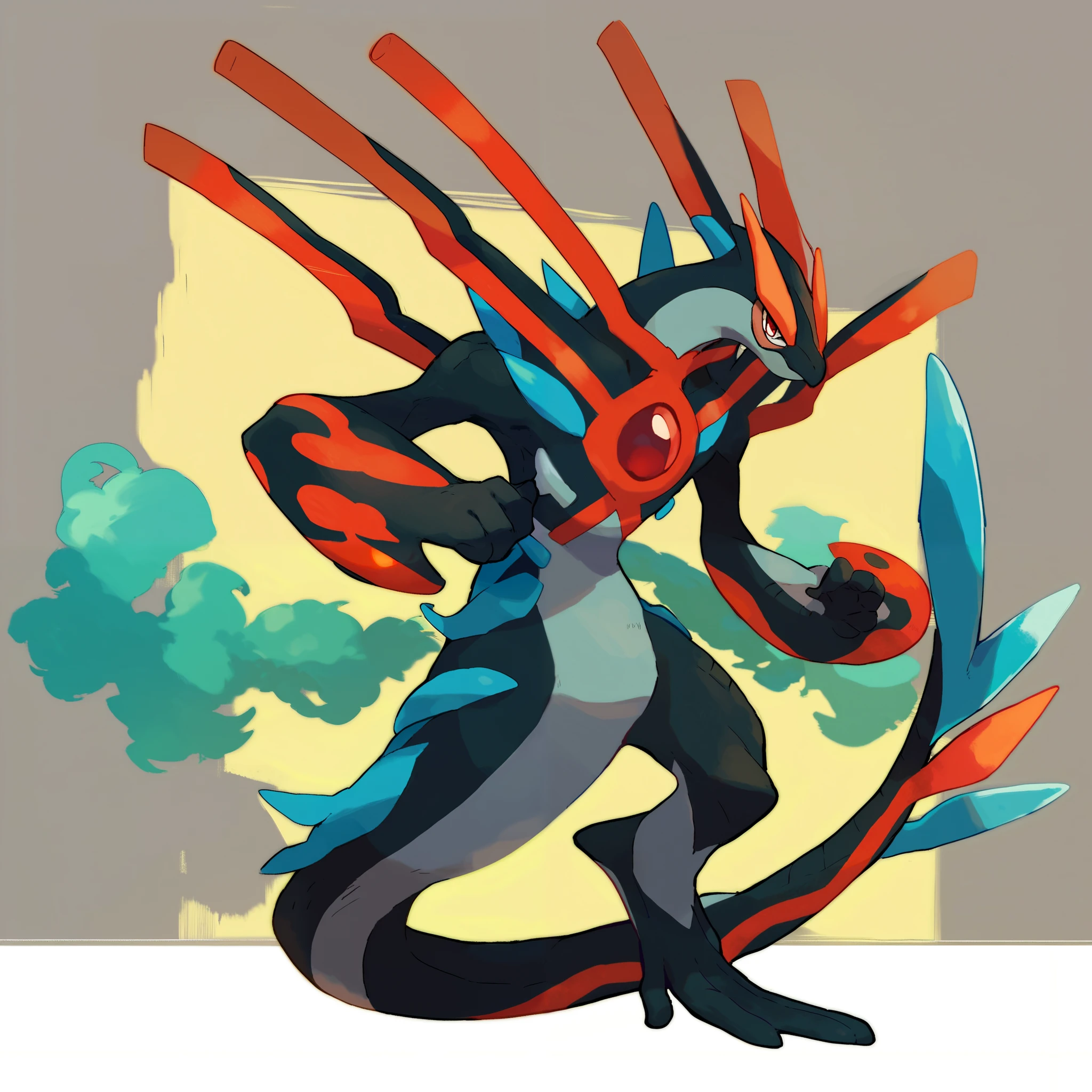 legendary, ancient, psychic and dragon type pokemon, black scales, with red eyes and body markings, psychic aura around long tail, bipedal, Ken Sugimori 