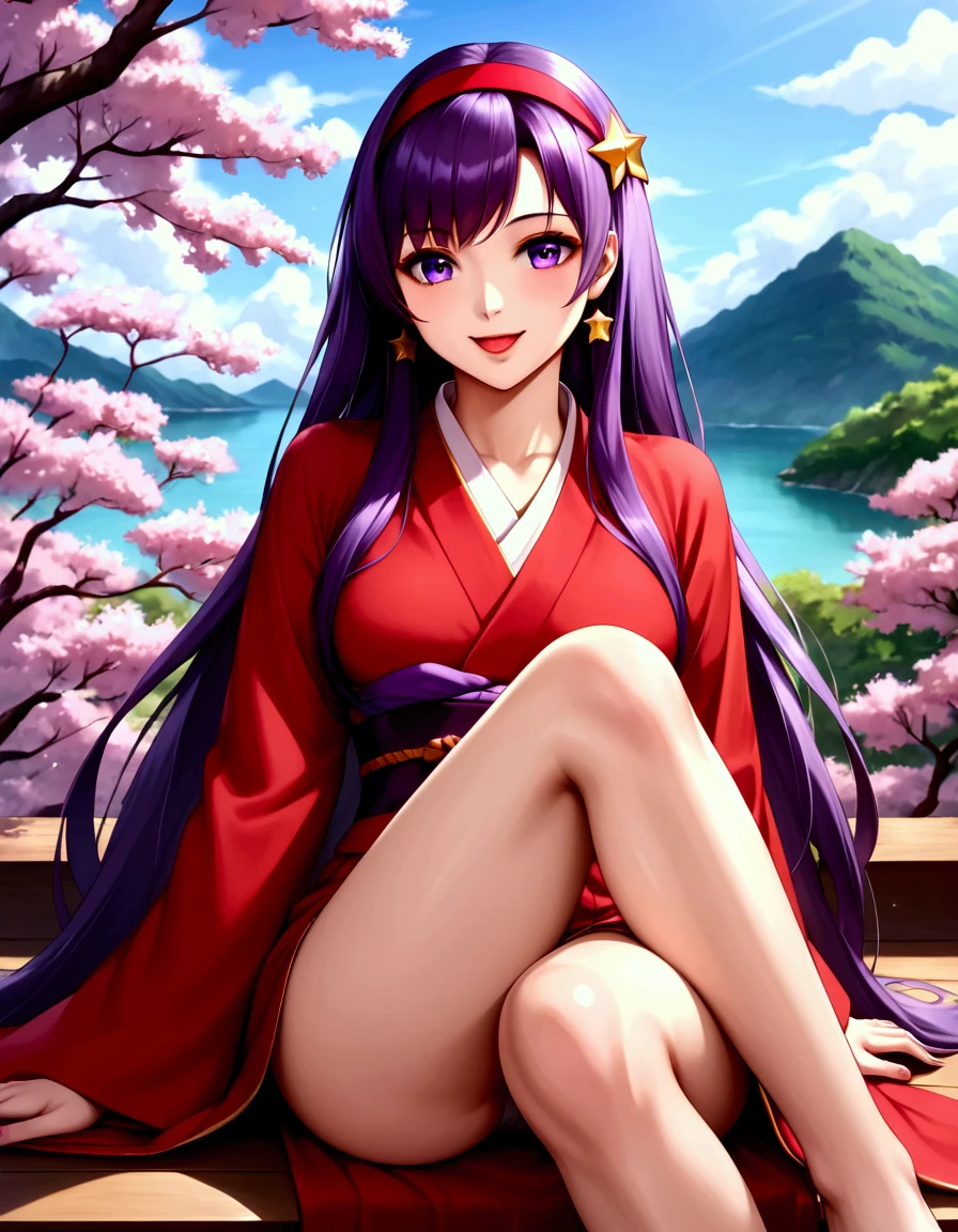 ( knee up ),  1girl , Let,  very detailed beautiful girl ,  very detailed face ,  Perfect Face,  towards the viewer The nose is accurately formed ,Expressive lips, (Very thin hair), ( Long Hair , purple hair),  red headband, Star-shaped hair ornament, smile, opened mouth,  very detailed skin,  slim,  white and red kimono , Long-sleeved kimono,  wearing clogs, (sitting, Legs are visible ,dynamic), csal_scenery, (( Japanese shrines , Domestic)), ( Movie Scene , best quality  ,  high definition , Detailed hair,  beautiful detail,  very detailed CG), (8k,  best quality  : 1.2),  high definition and beautiful